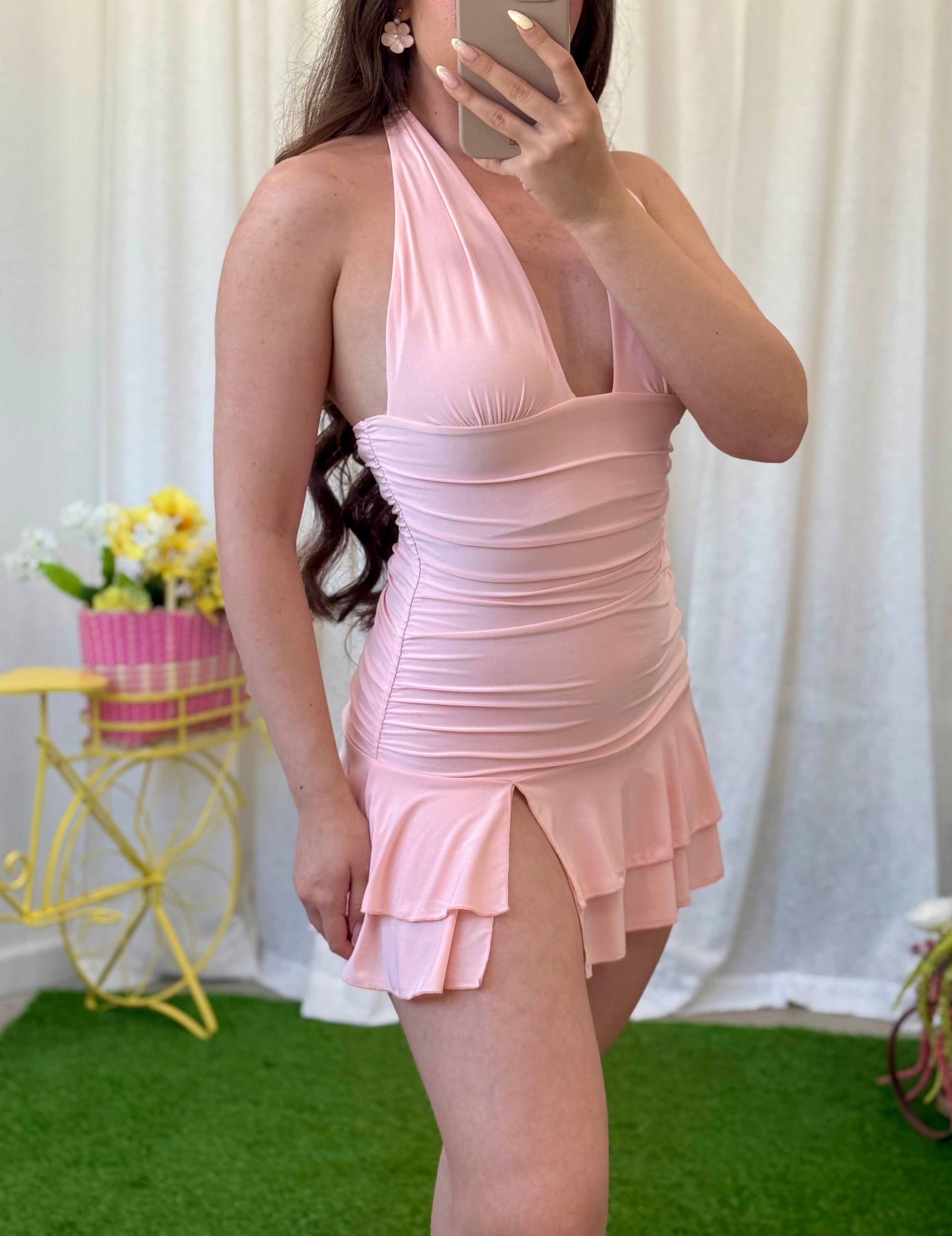 Naylea Halter Plunge Ruffle Mini Dress