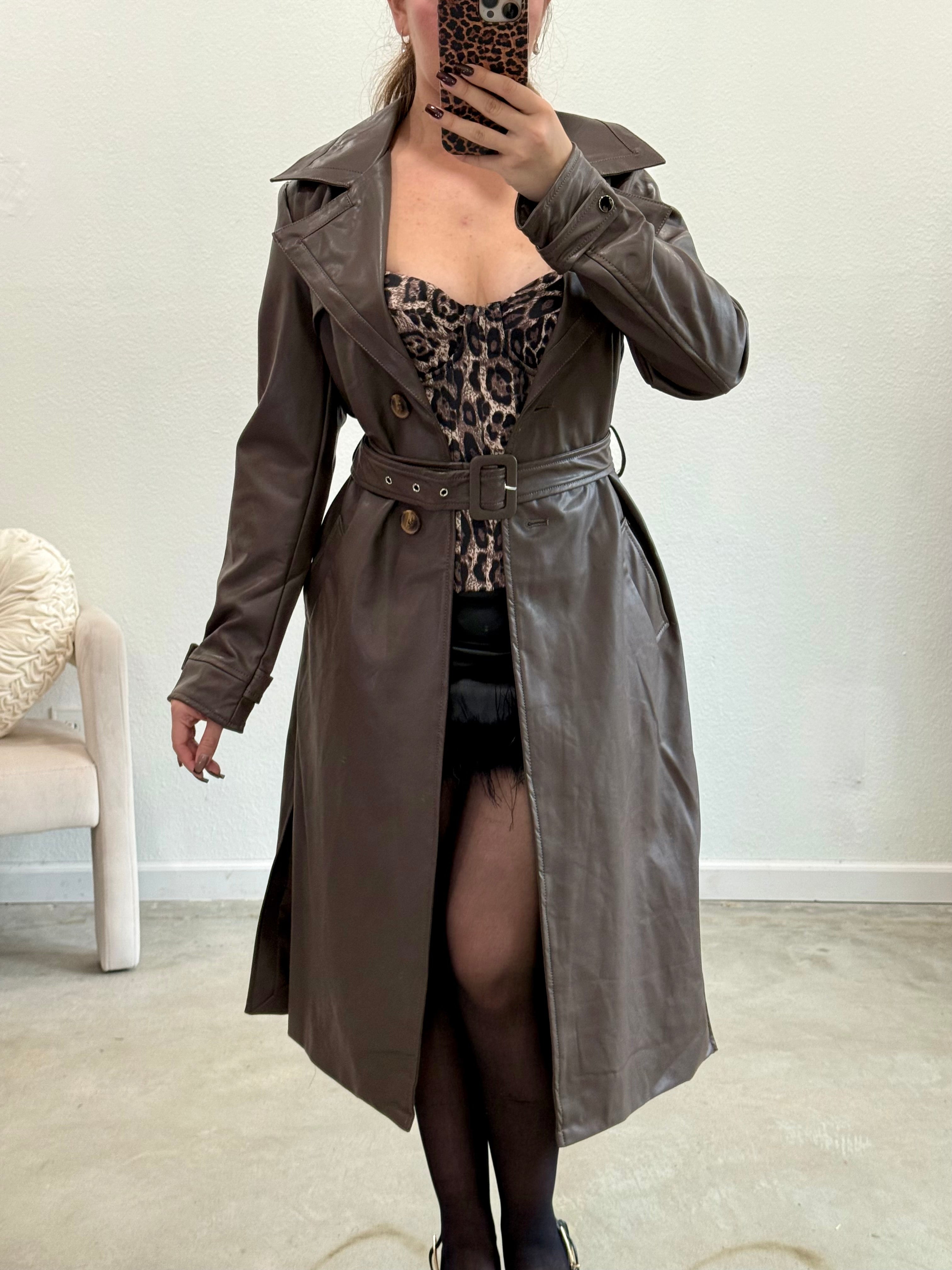 Empire Leather Trench Coat (Brown)