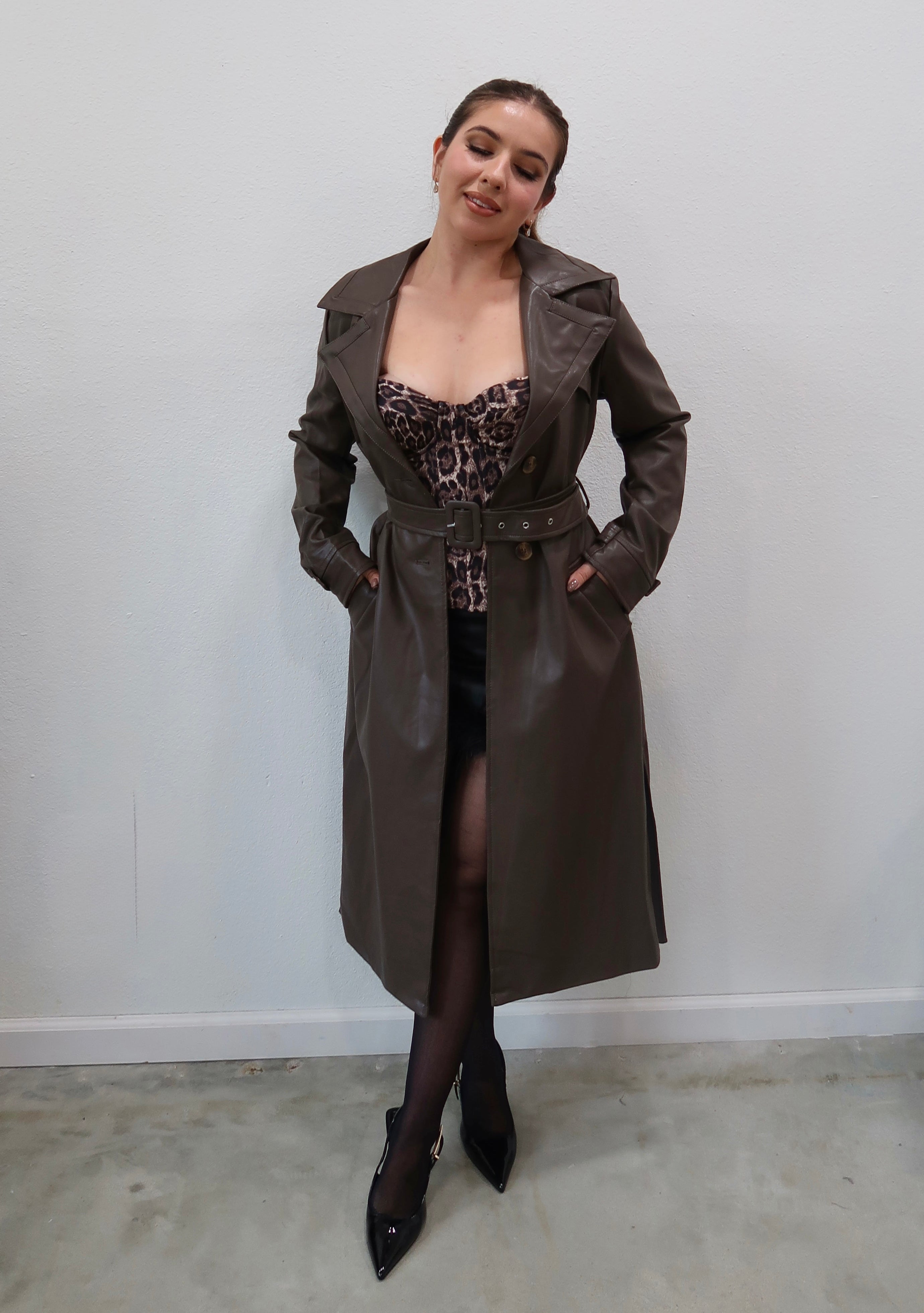 Empire Leather Trench Coat (Brown)