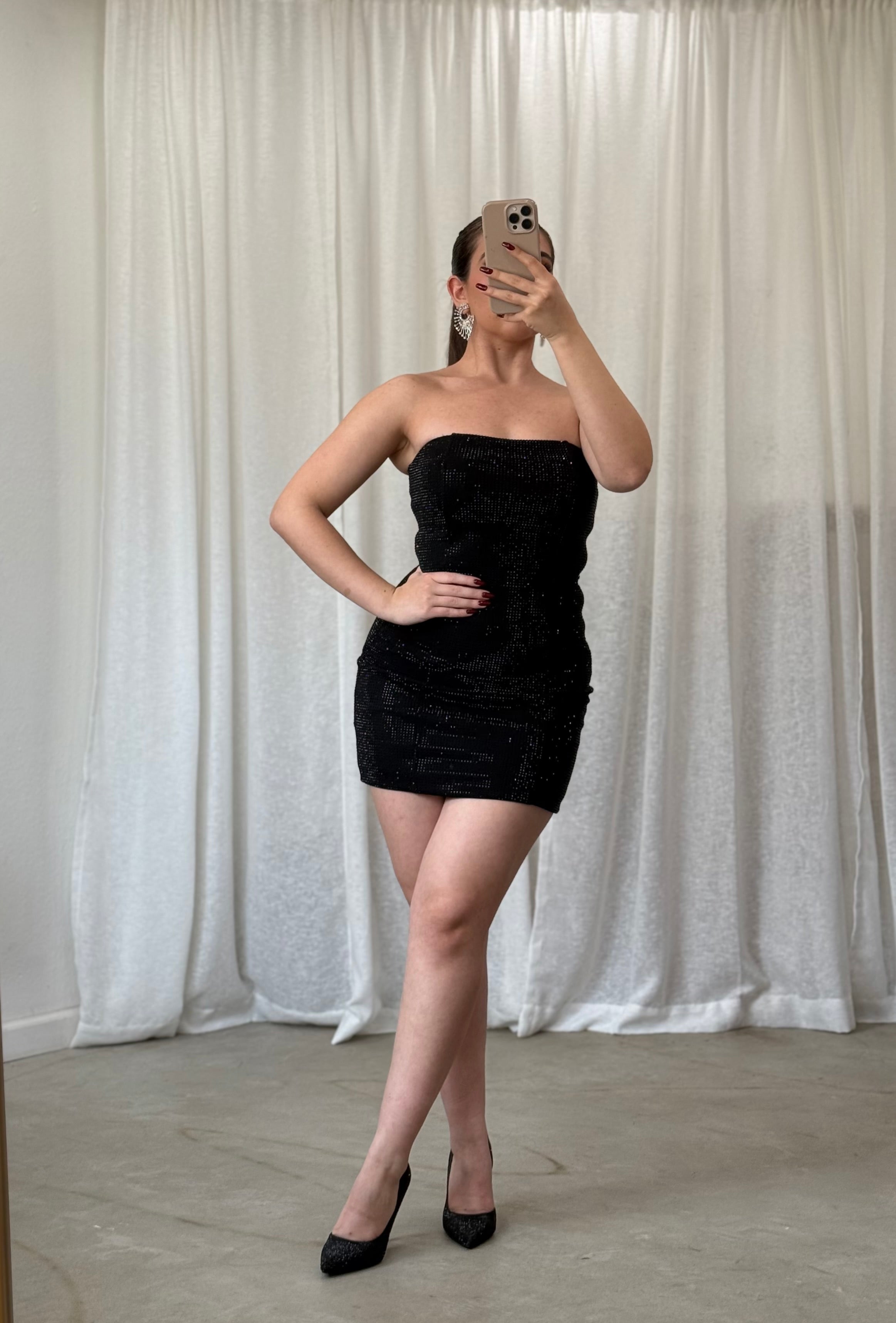 knee length dresses for ladies Alix Rhinestone Mini Dress (Black)