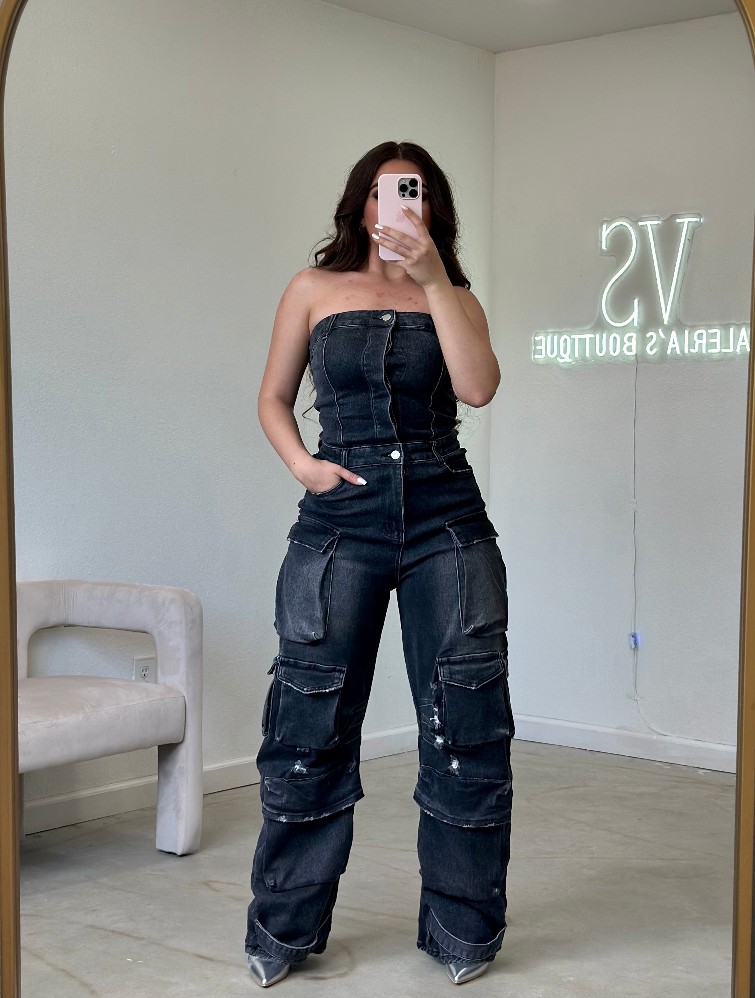 Regida Denim Cargo Jumpsuit (Black) – Valeria'S Boutique