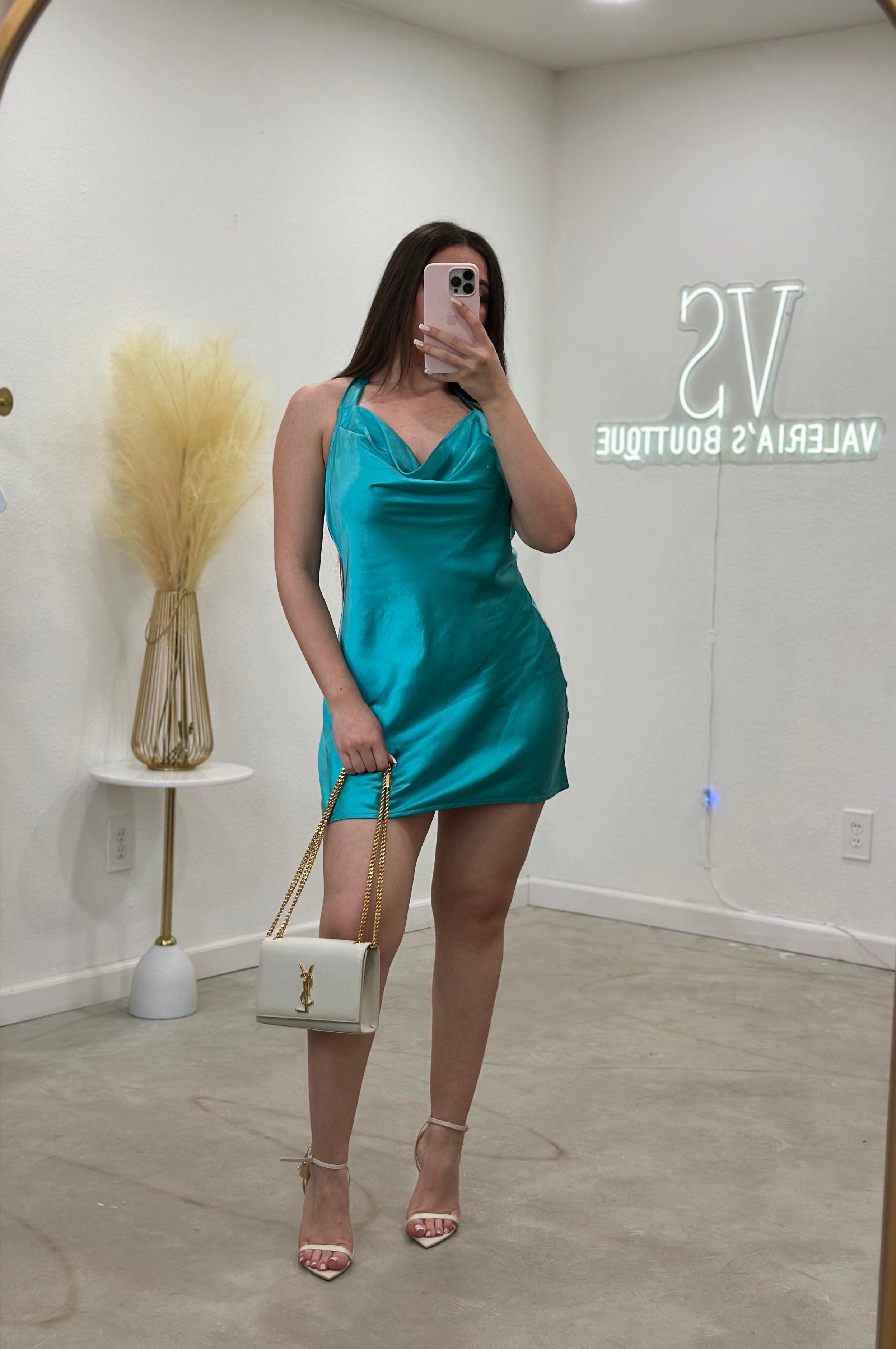 Jadie Satin Mini Dress (Turquoise)