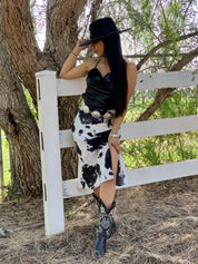 Lola Cow Print Midi Skirt (Black)