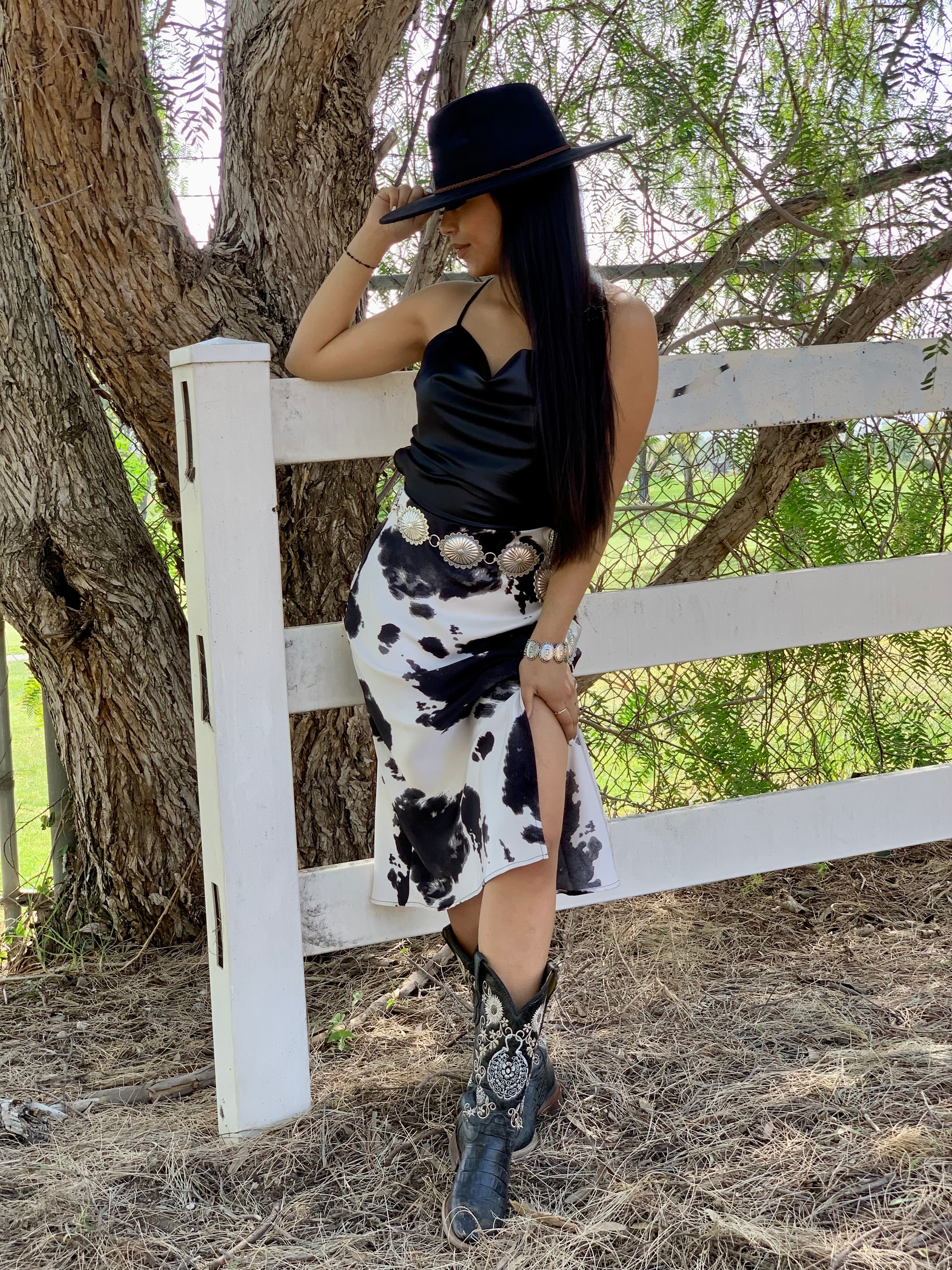 Lola Cow Print Midi Skirt (Black)