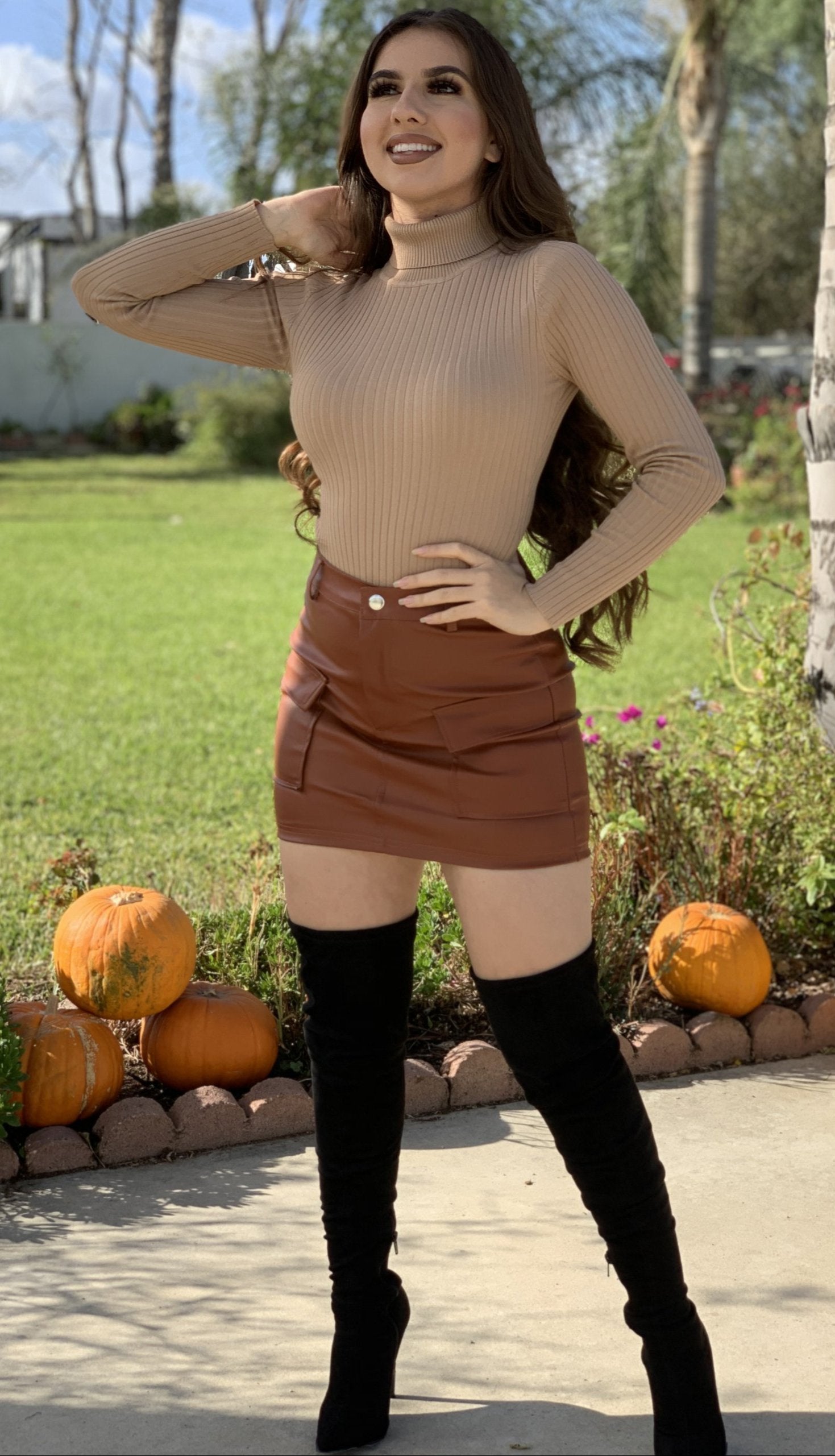 Lisa Ribbed Turtleneck Bodysuit (Nude)