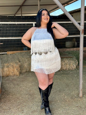 Bailar De Caballito Fringe Halter Dress (White) - Curve