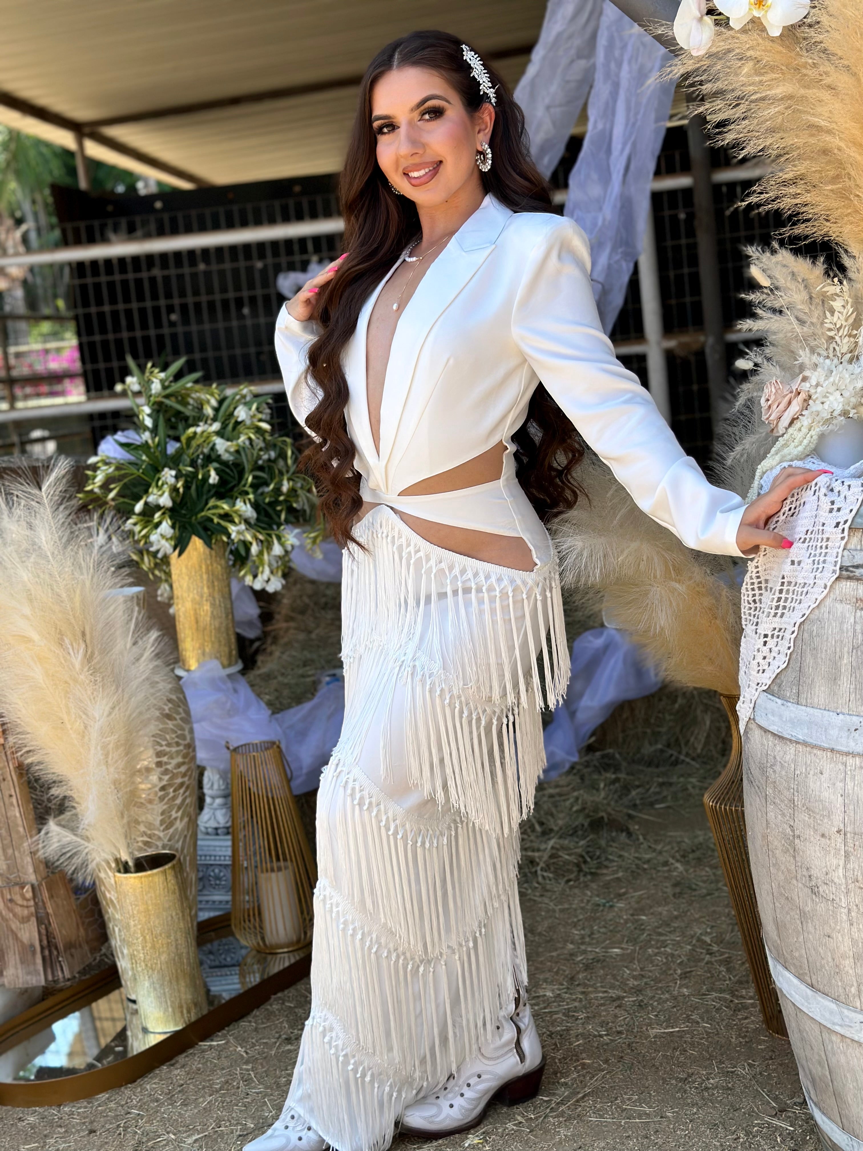 fitted lace wedding dress Khloe Tie Front Fringe Maxi Dress – VICI main image 0