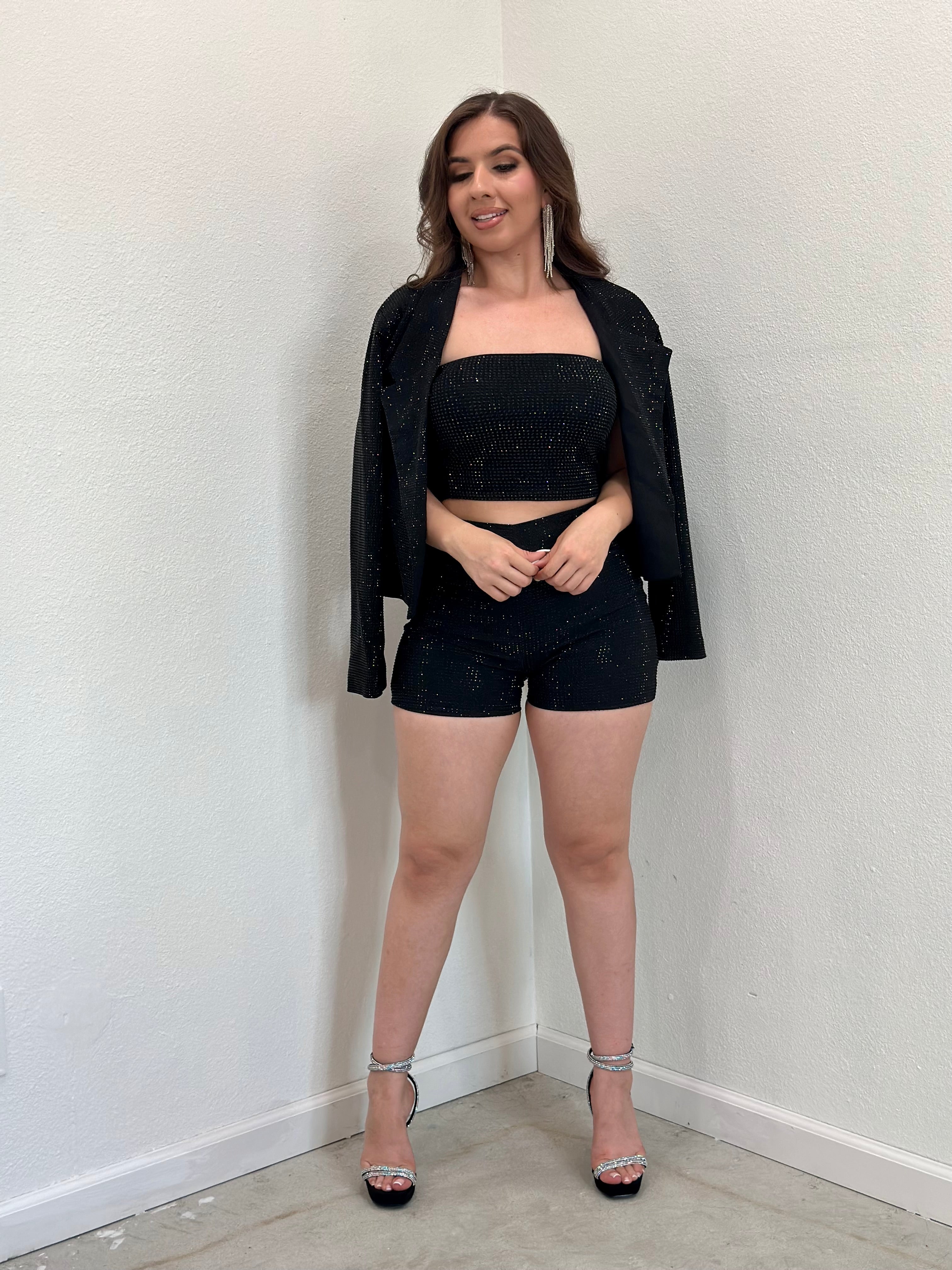 The It Girl Rhinestone Blazer (Black) - Cropped Length