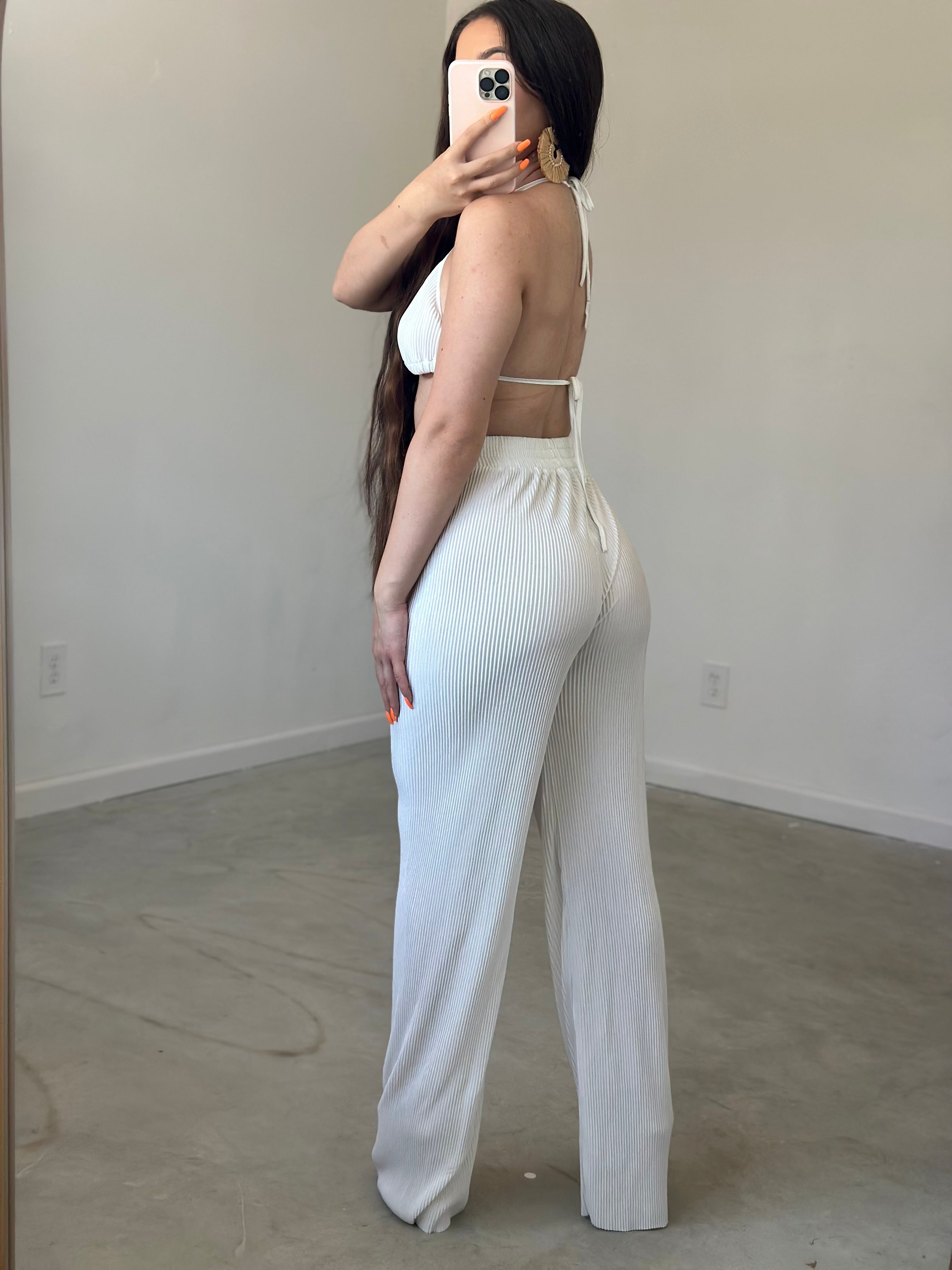 Chels Plisse 3 Piece Pant Set (White)