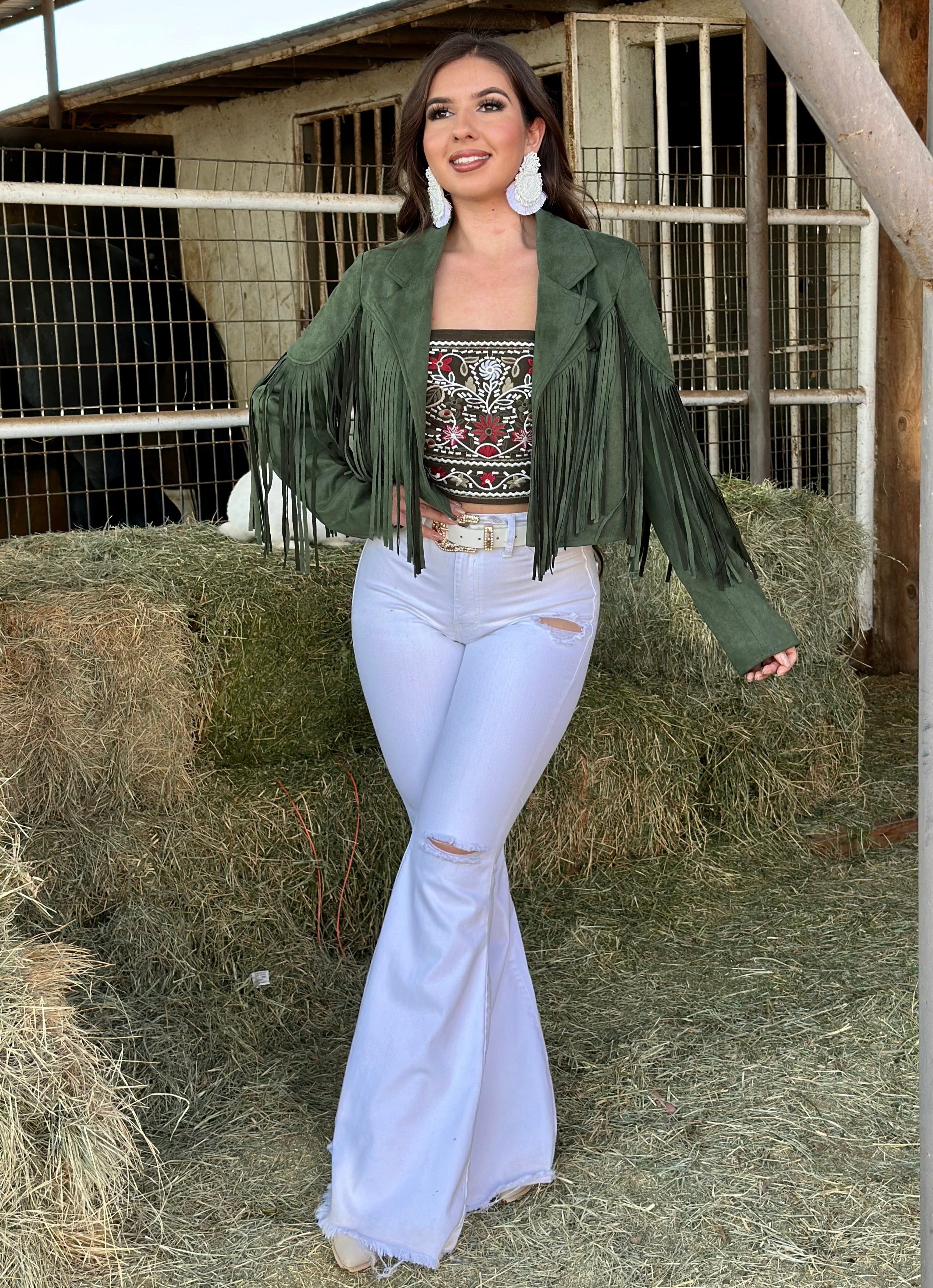 La Quebradora Fringe Suede Jacket (Olive)