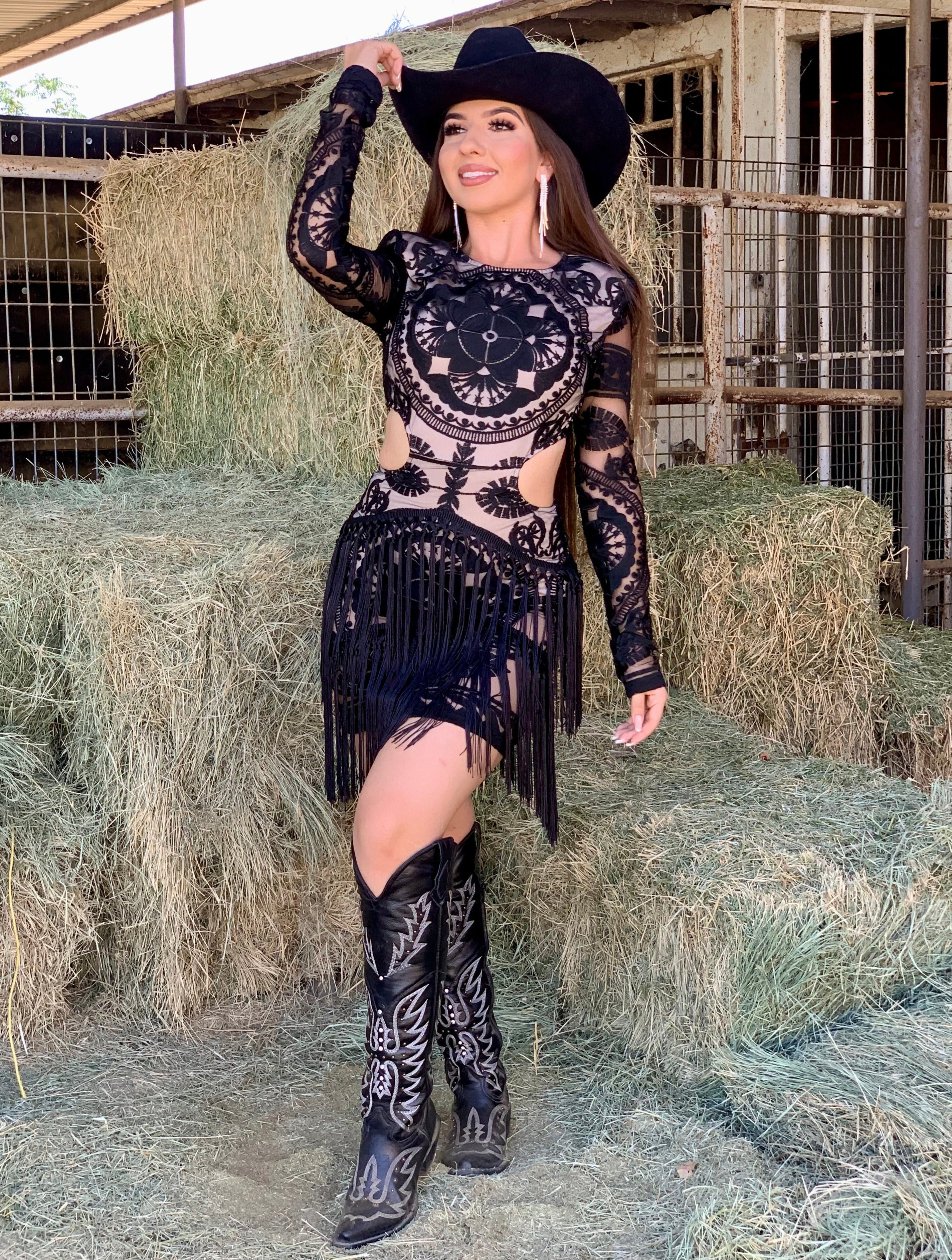 Victoria Lace Fringe Mini Dress (Black)
