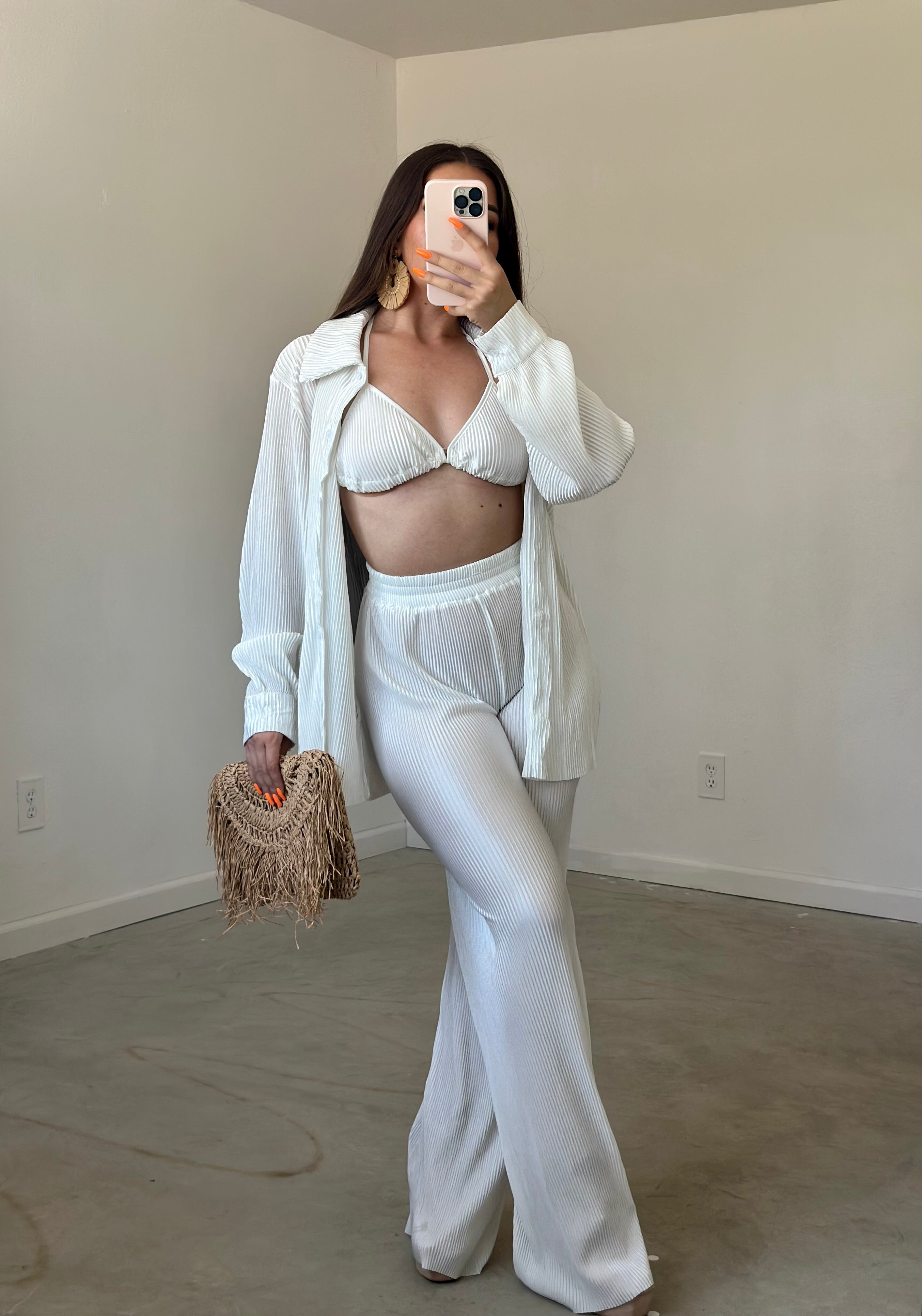 Chels Plisse 3 Piece Pant Set (White)