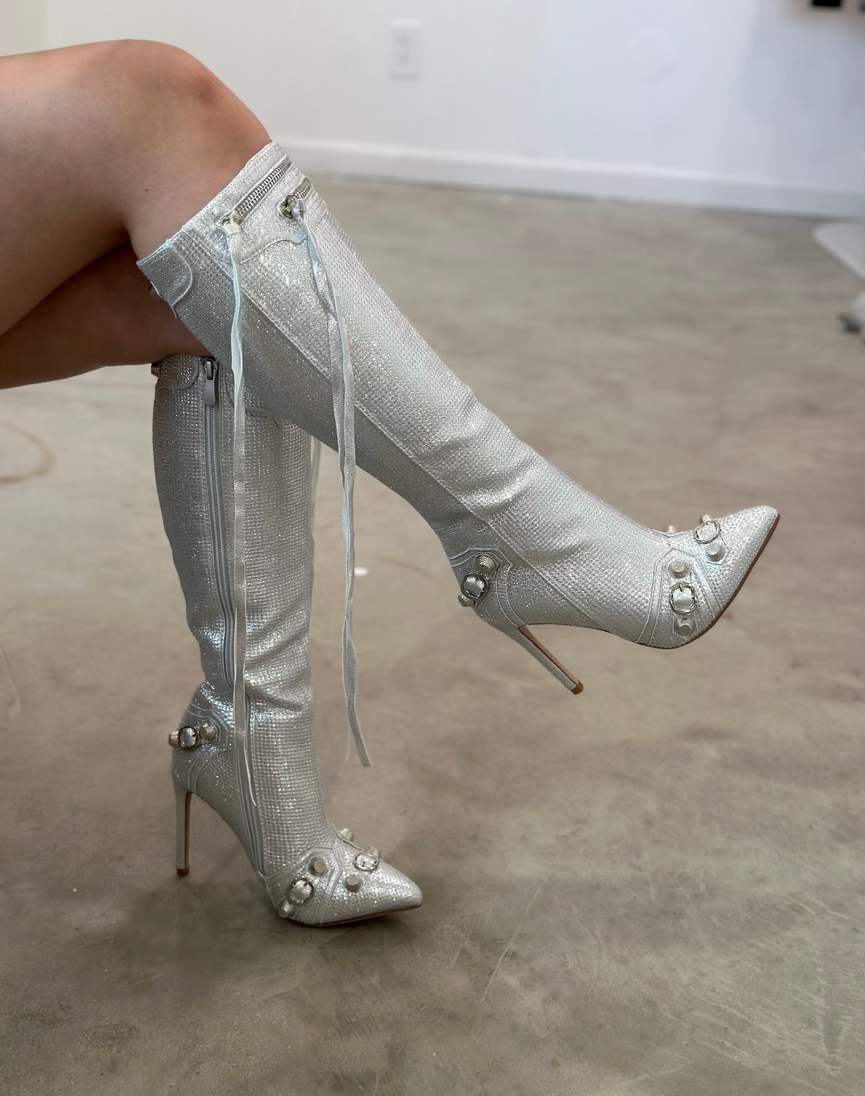 Baddie Embellished Boots (Silver)
