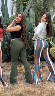 Vintage Striped Mid/High Rise Bell Bottom Jeans (Rust/Olive Multi)