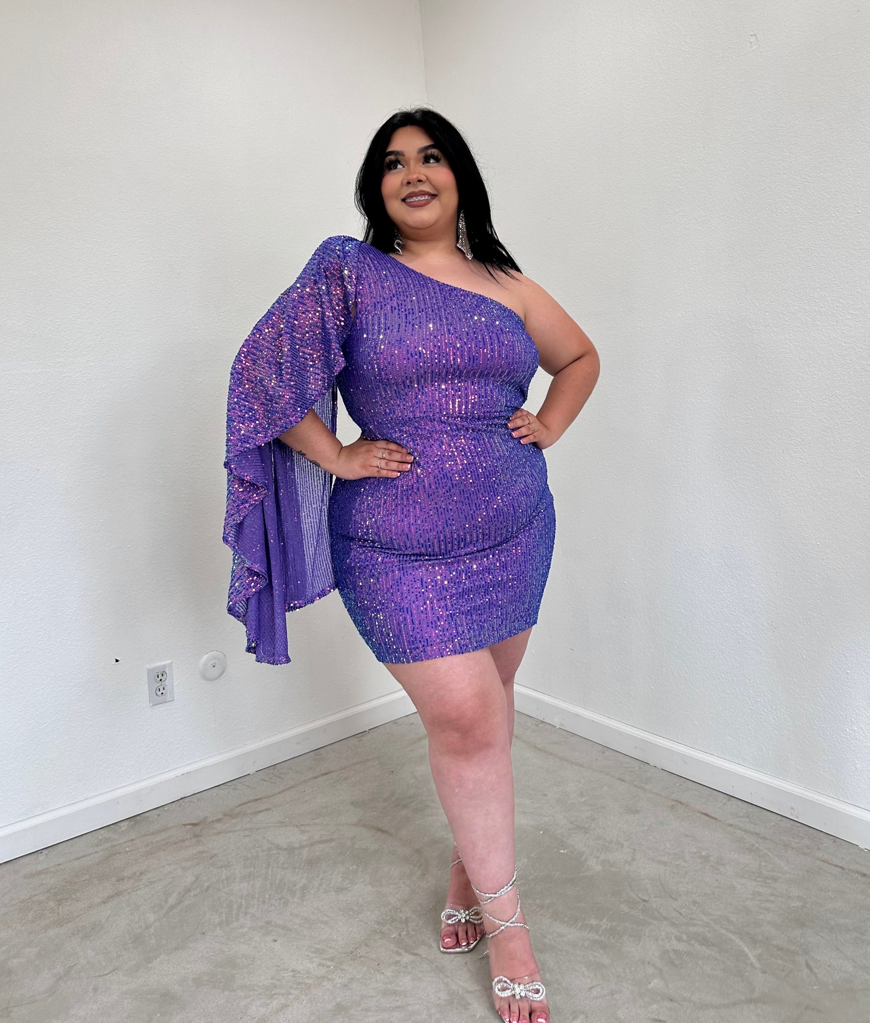 open lace back dress Adelle Sequin Mini Dress (Purple)