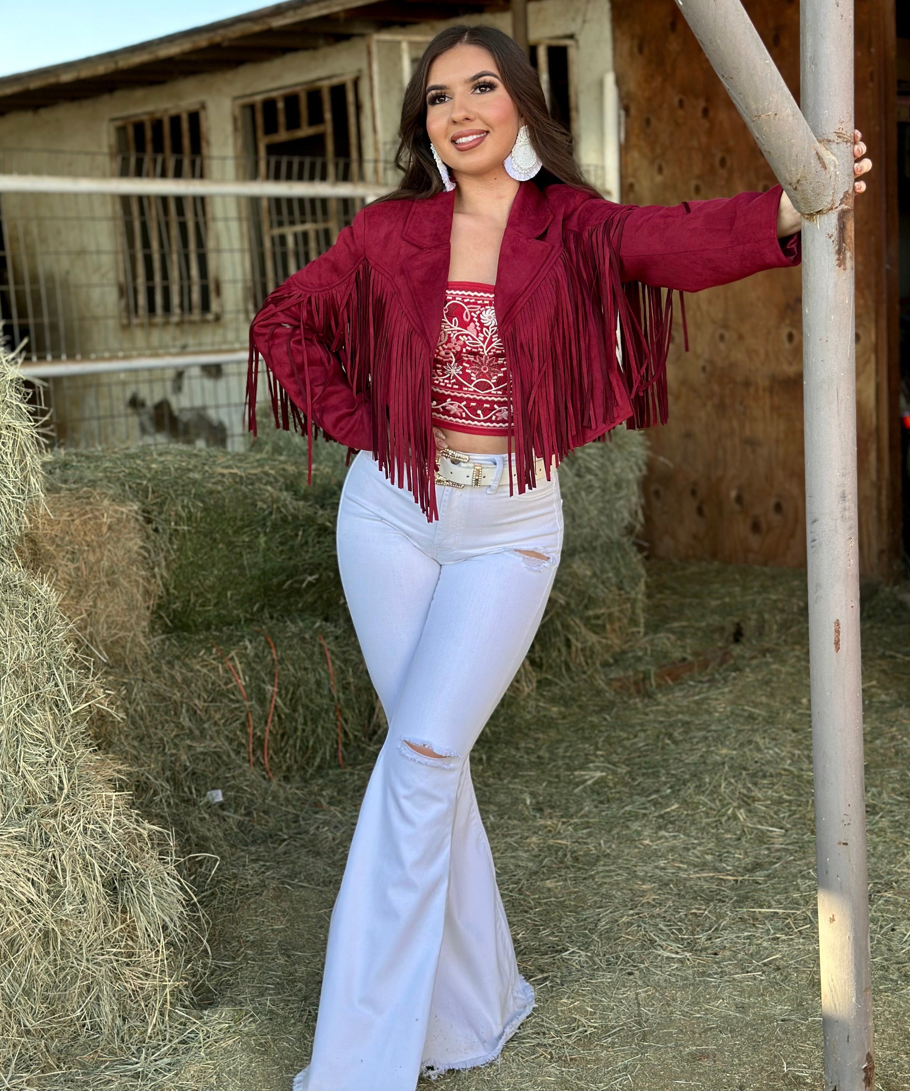 La Quebradora Fringe Suede Jacket (Burgundy)