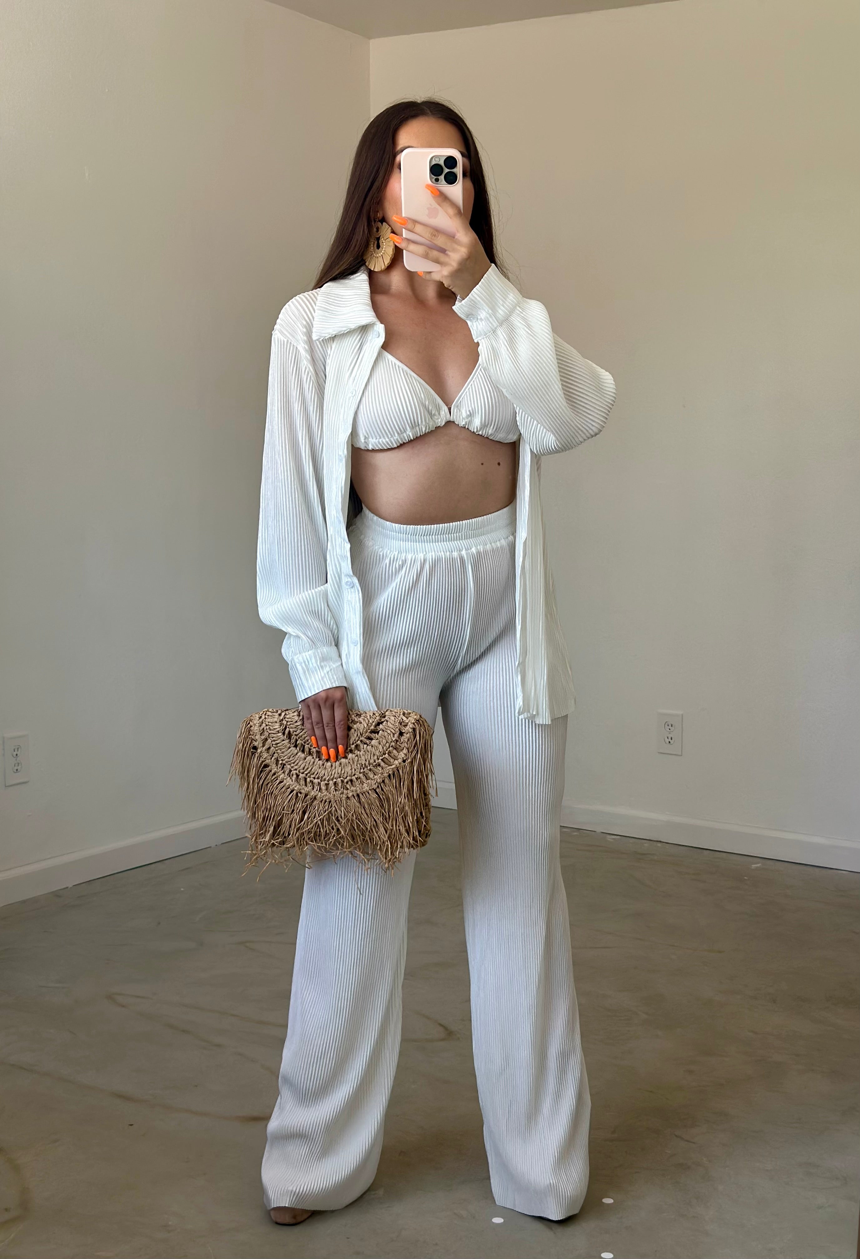 Chels Plisse 3 Piece Pant Set (White)