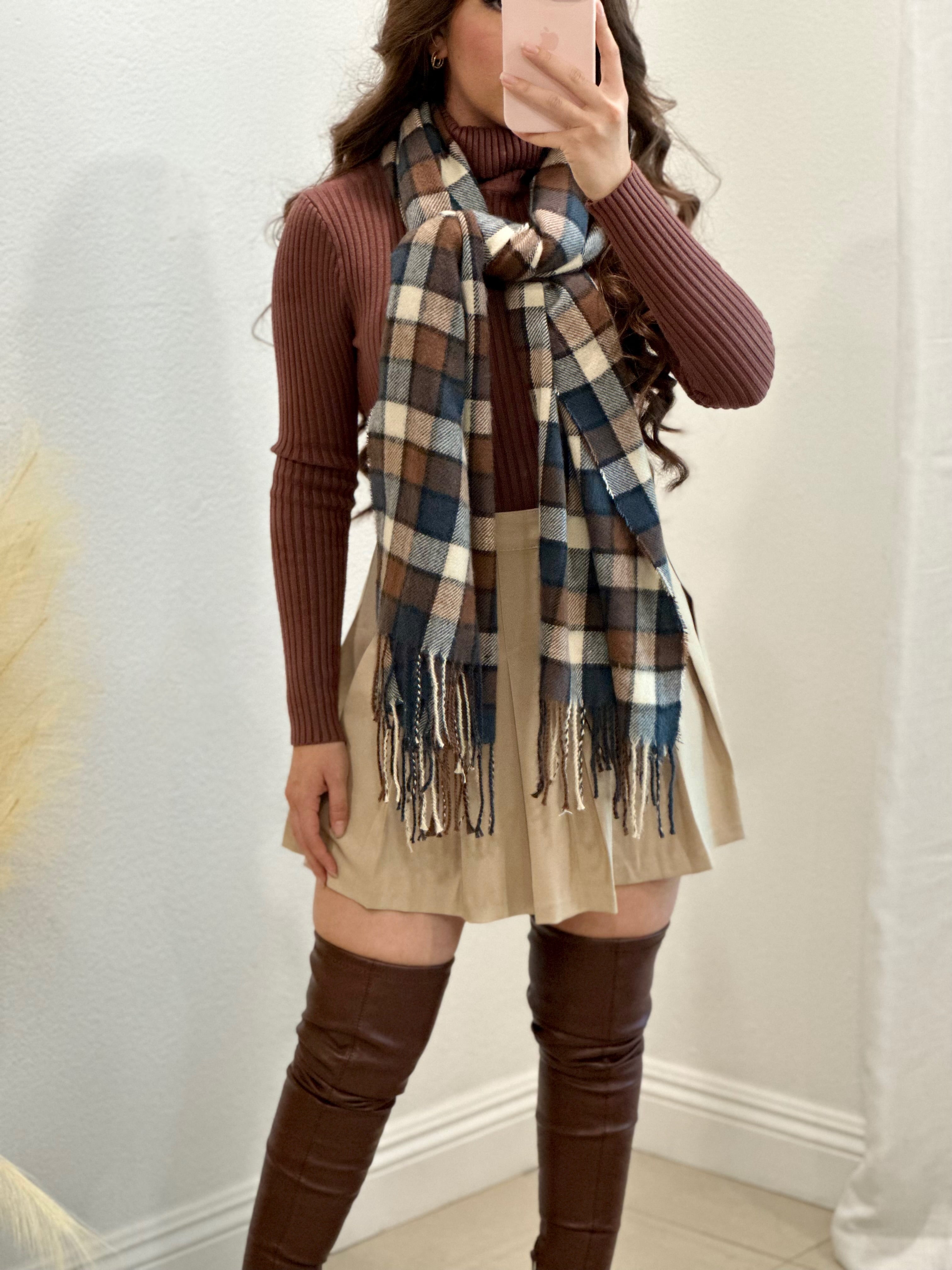 Navy/Brown/Nude Plaid Scarf