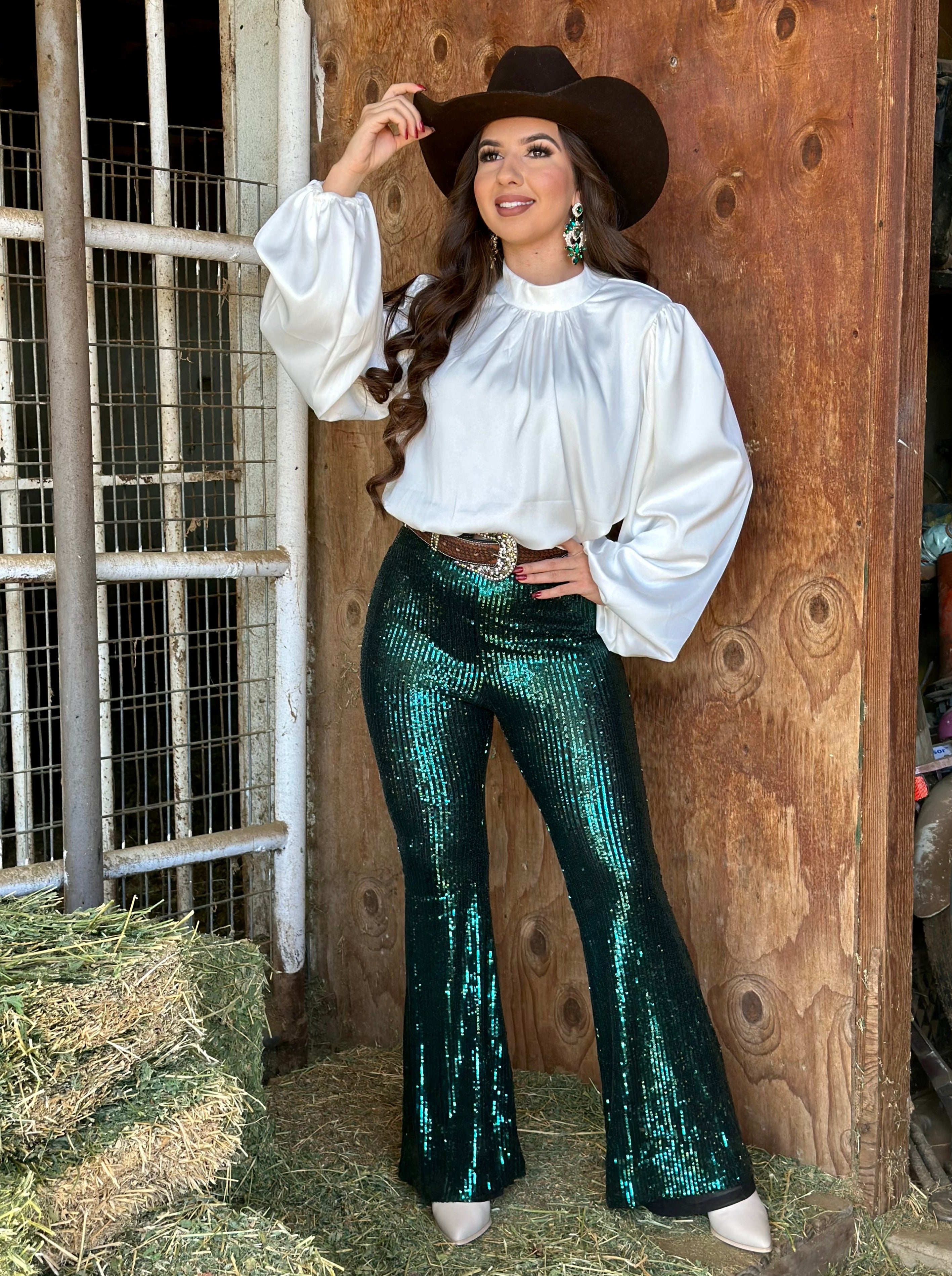 Deliza Pants - Mid Waisted Sequin Flare Pants in Iridescent White