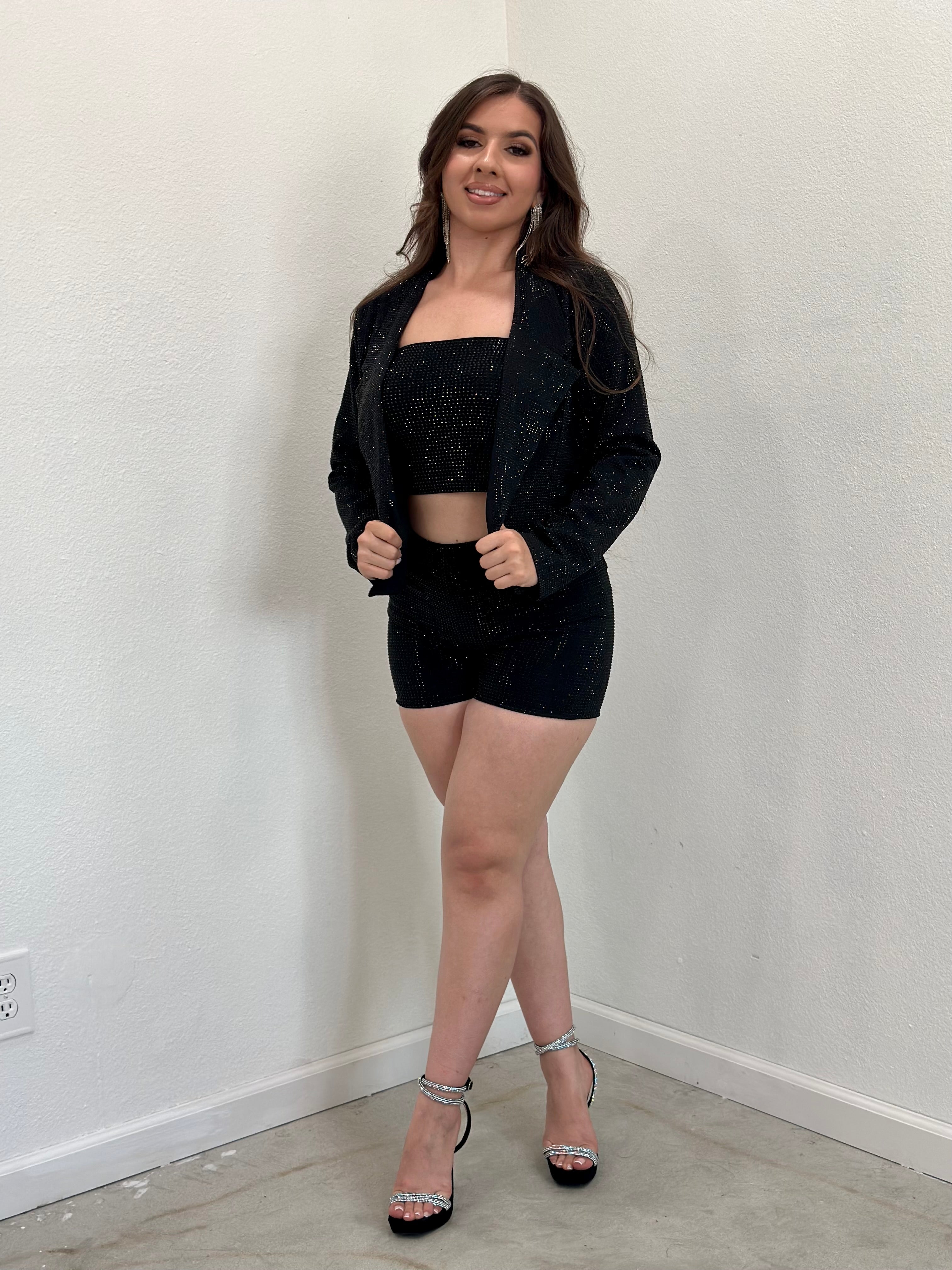 The It Girl Rhinestone Blazer (Black) - Cropped Length