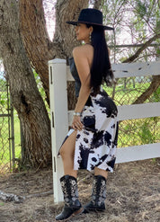 Lola Cow Print Midi Skirt (Black)
