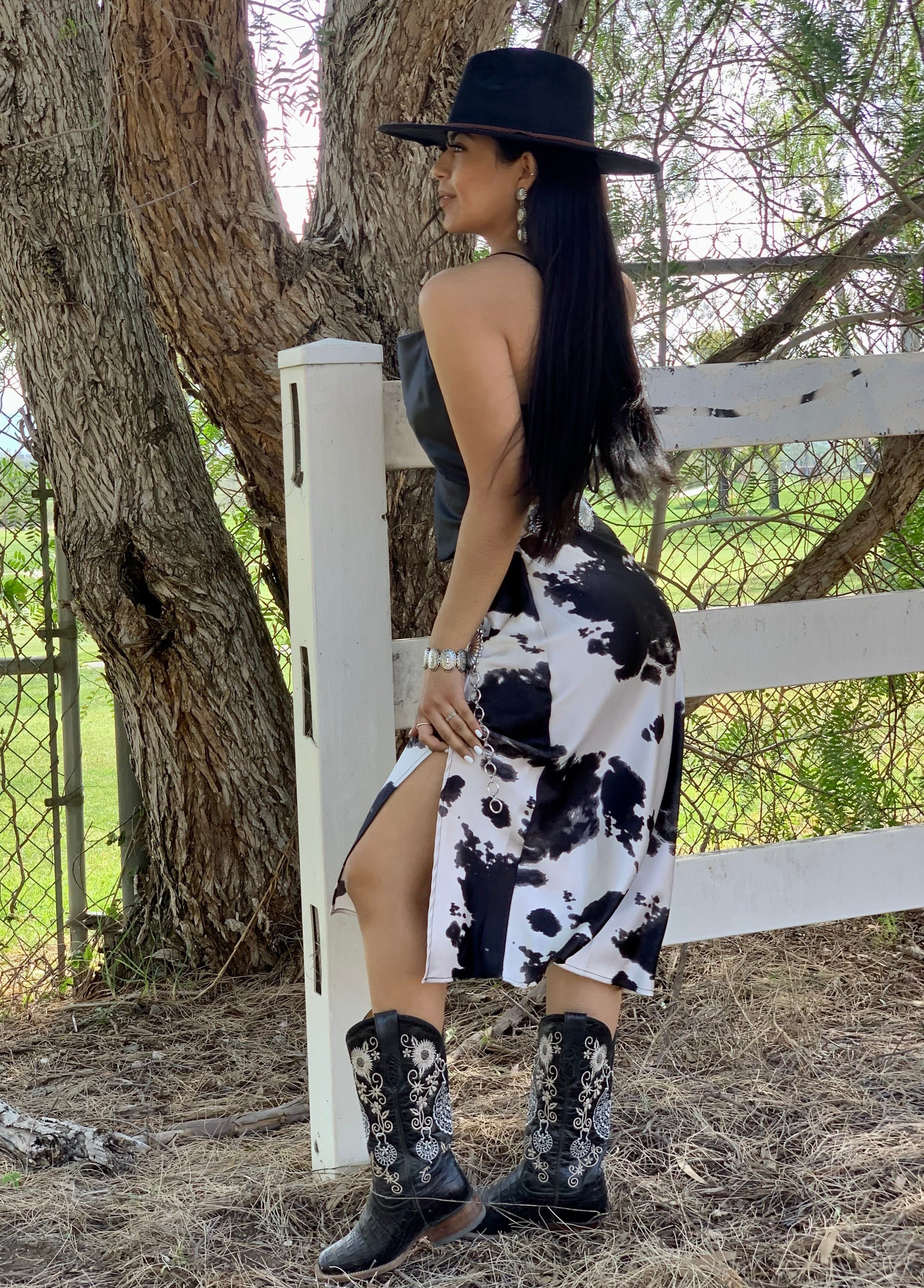Lola Cow Print Midi Skirt (Black)