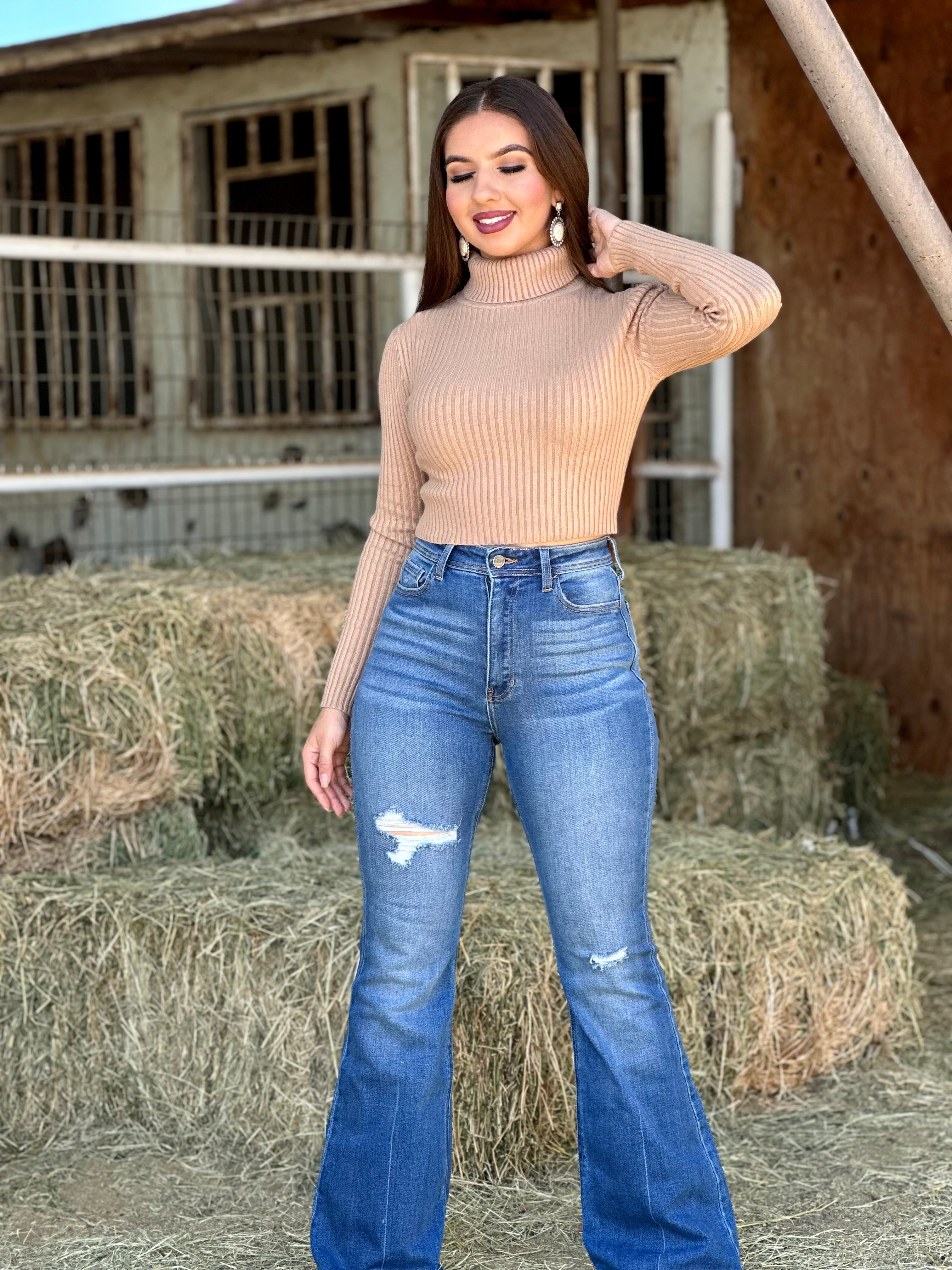 Michelle Ribbed Turtleneck Top (Nude)