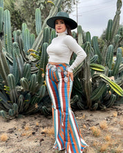 Vintage Striped Mid/High Rise Bell Bottom Jeans (Rust/Olive Multi)