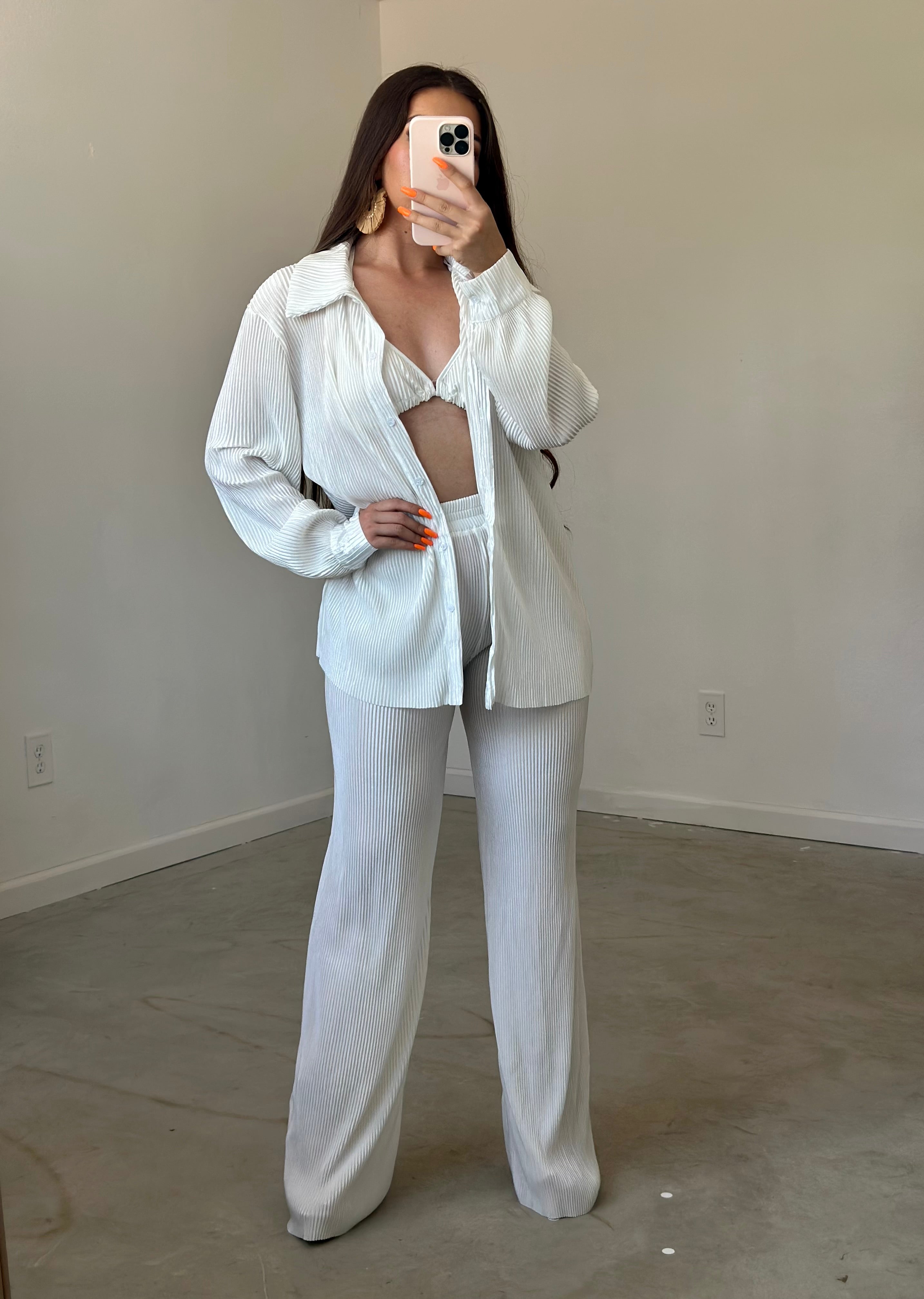 Chels Plisse 3 Piece Pant Set (White)