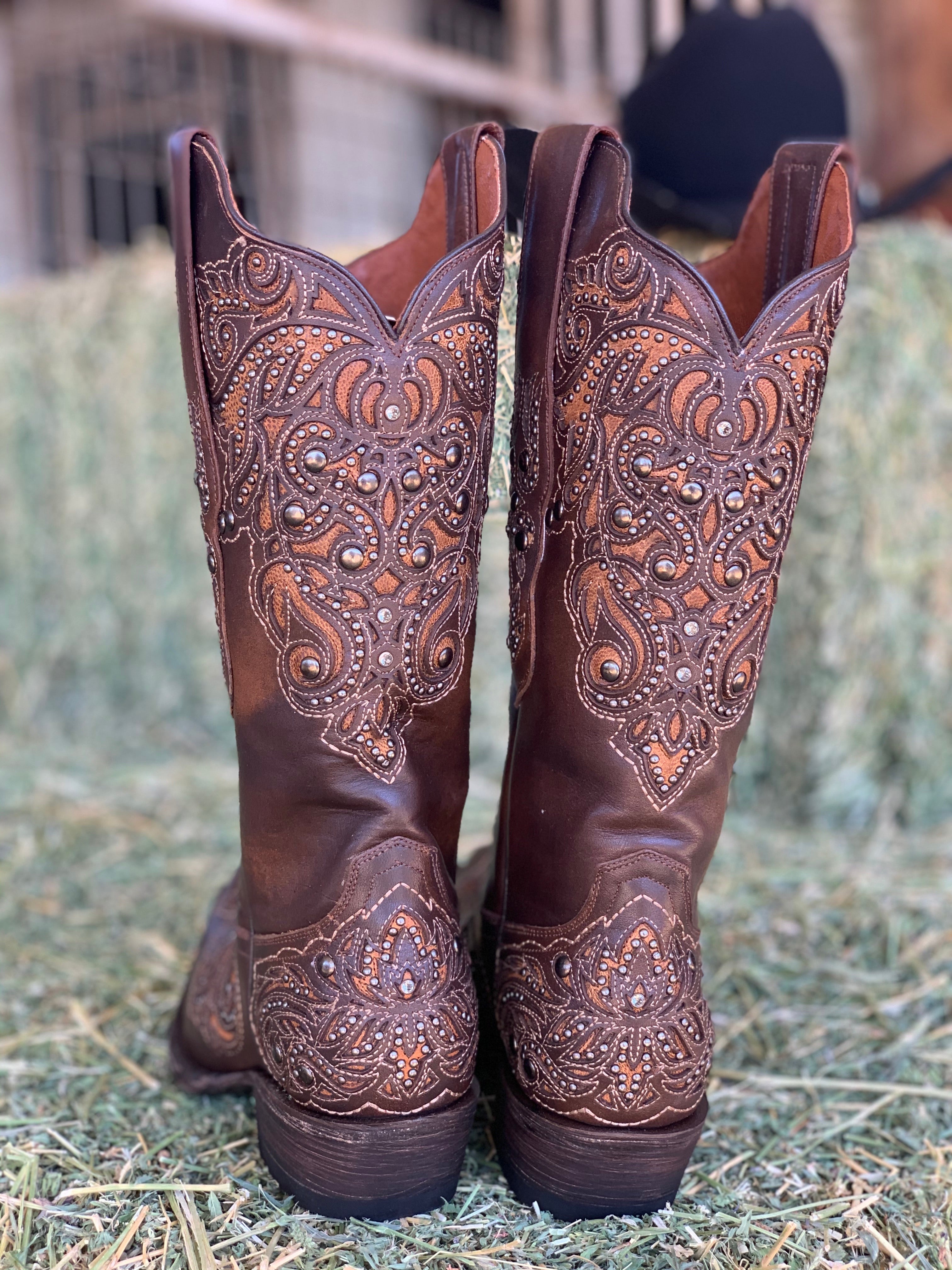 Camelia Swarovski Studded Overlay Rio Grande Western Boots (Maple) - Valeria'S Boutique 