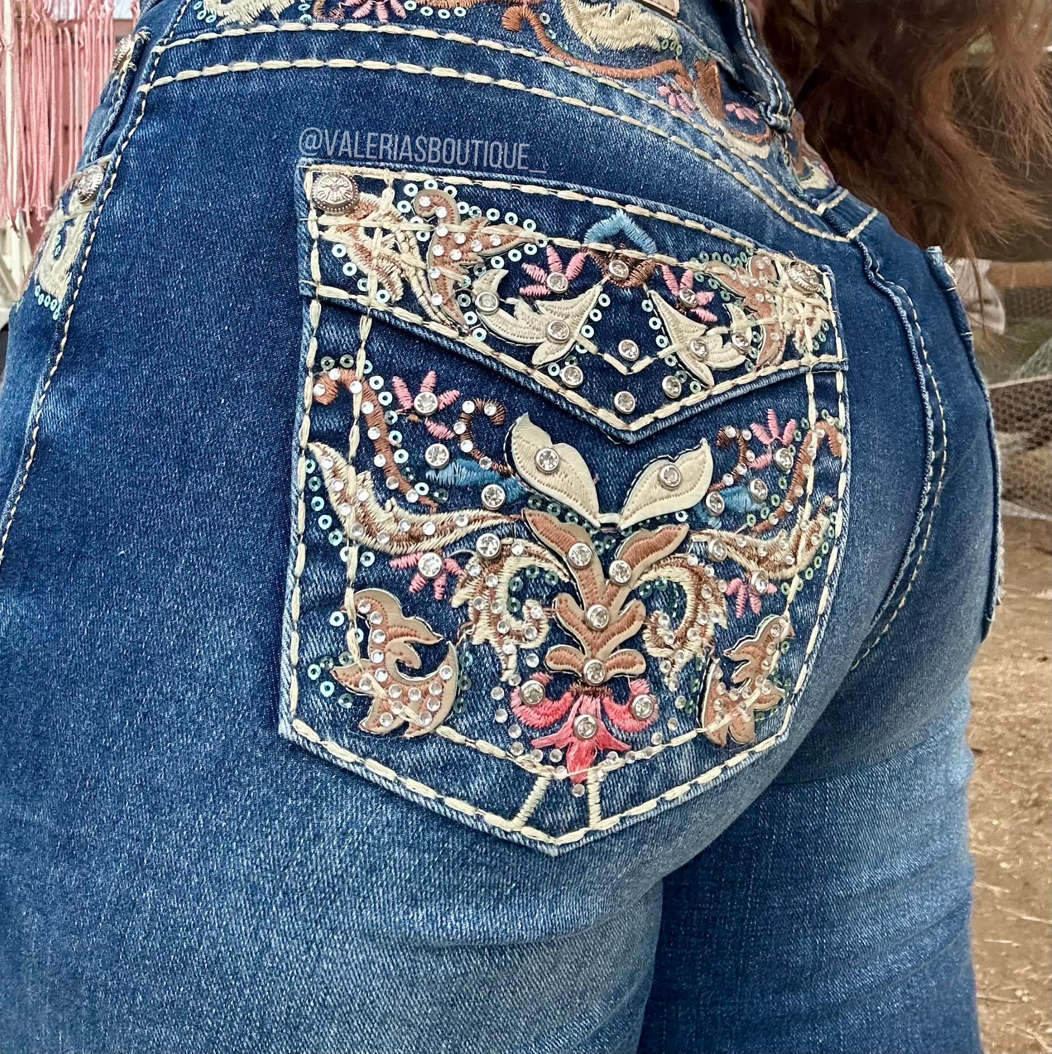 Rose Royal Mid Rise Bling Jeans – Valeria'S Boutique