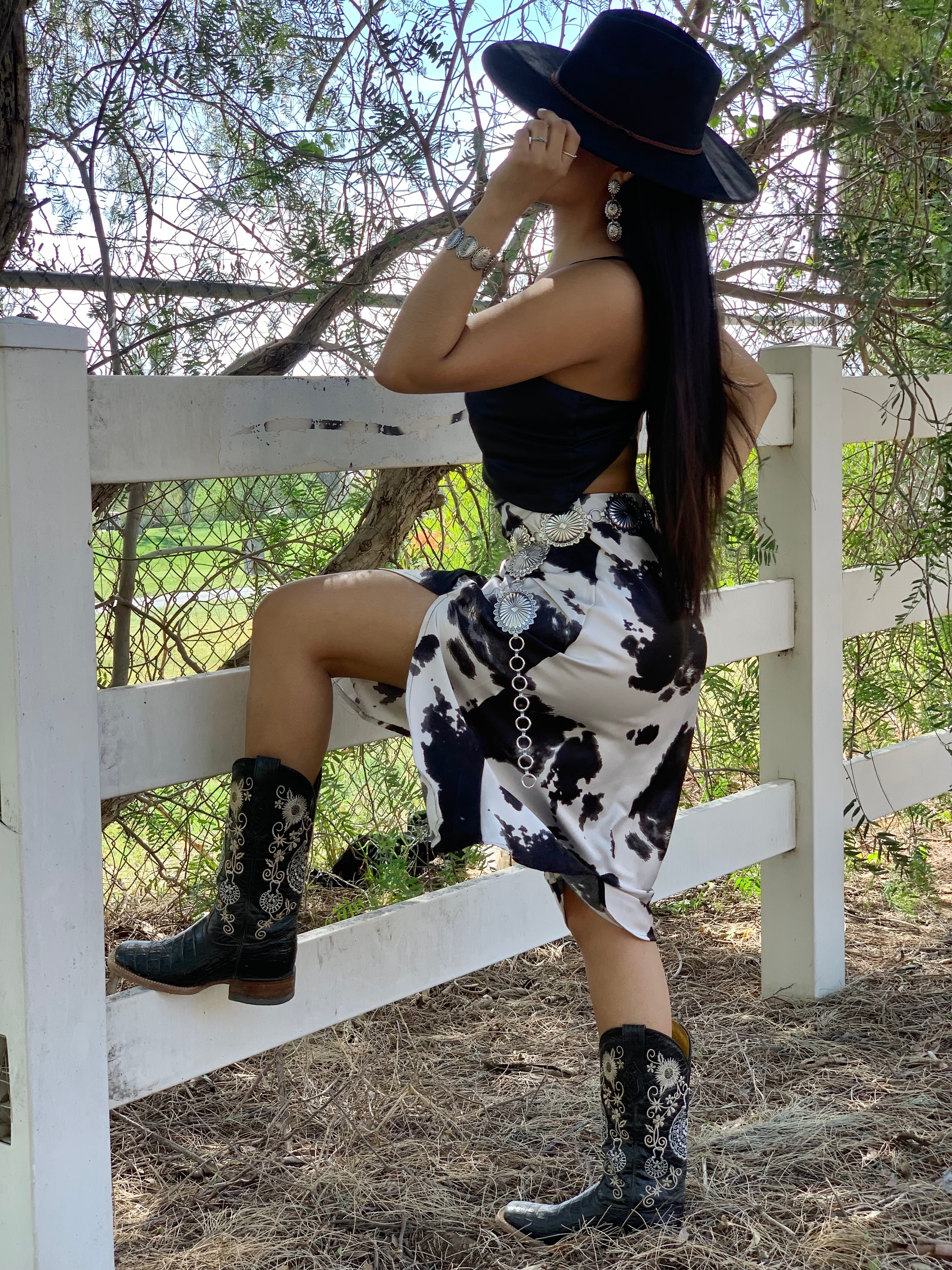 Lola Cow Print Midi Skirt (Black)