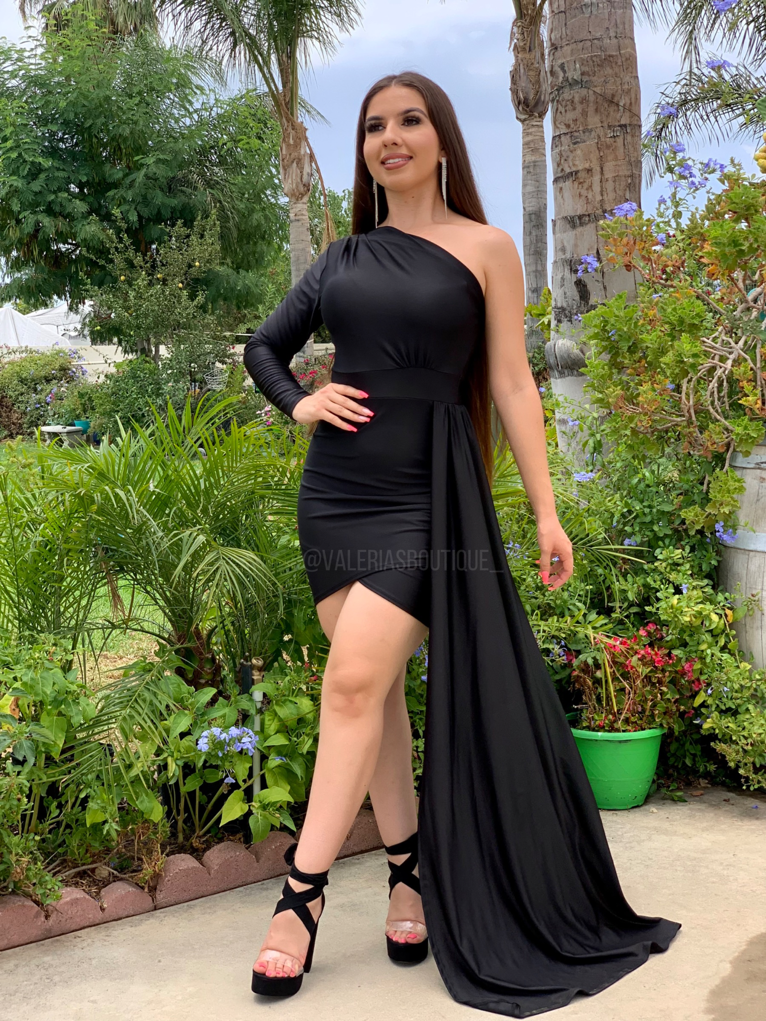 Gema Side Train Mini Dress Black Valeria S Boutique