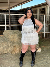 Bailar De Caballito Fringe Halter Dress (White) - Curve