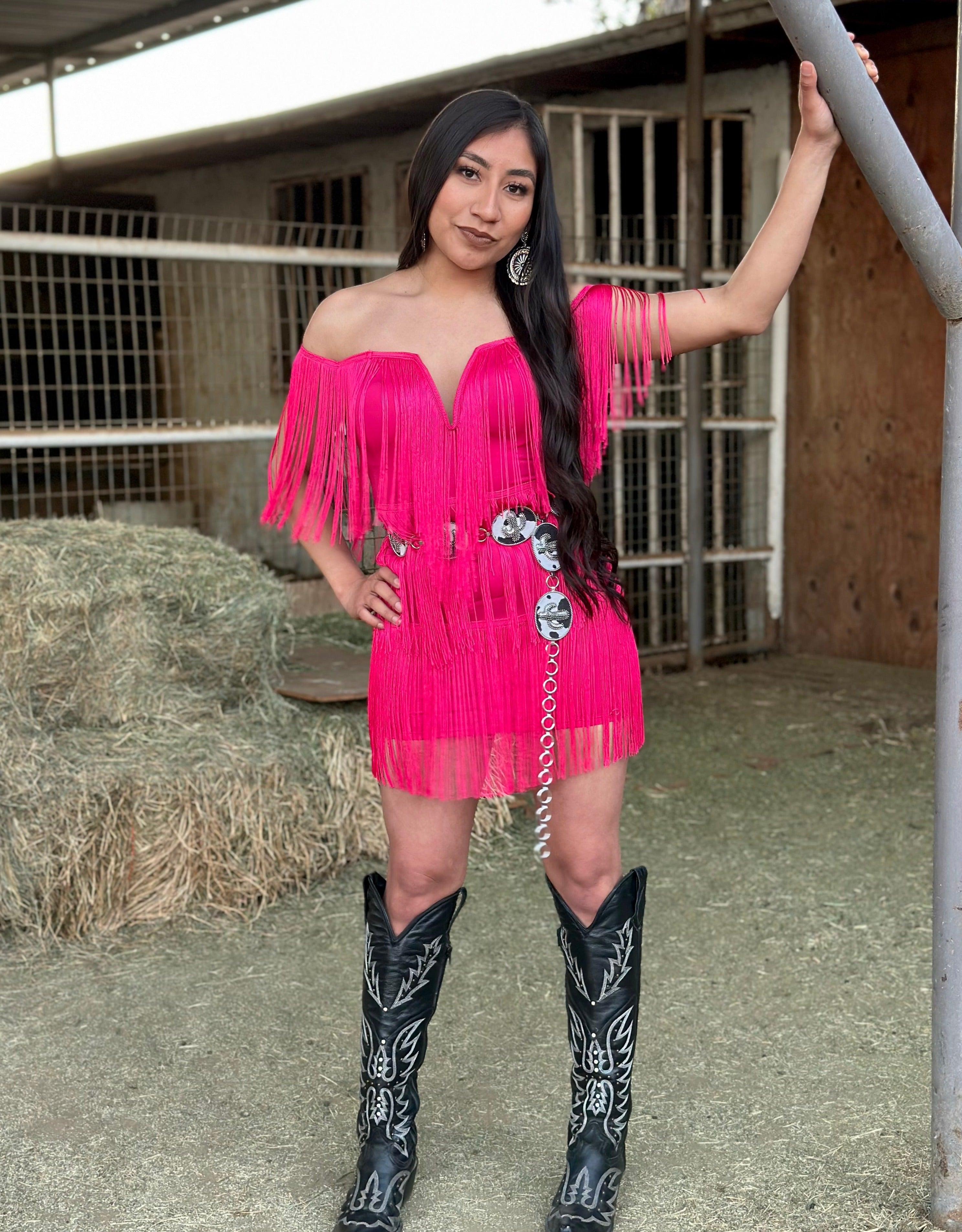 Bailar De Caballito Fringe Off The Shoulder Mini Dress (Hot Pink)