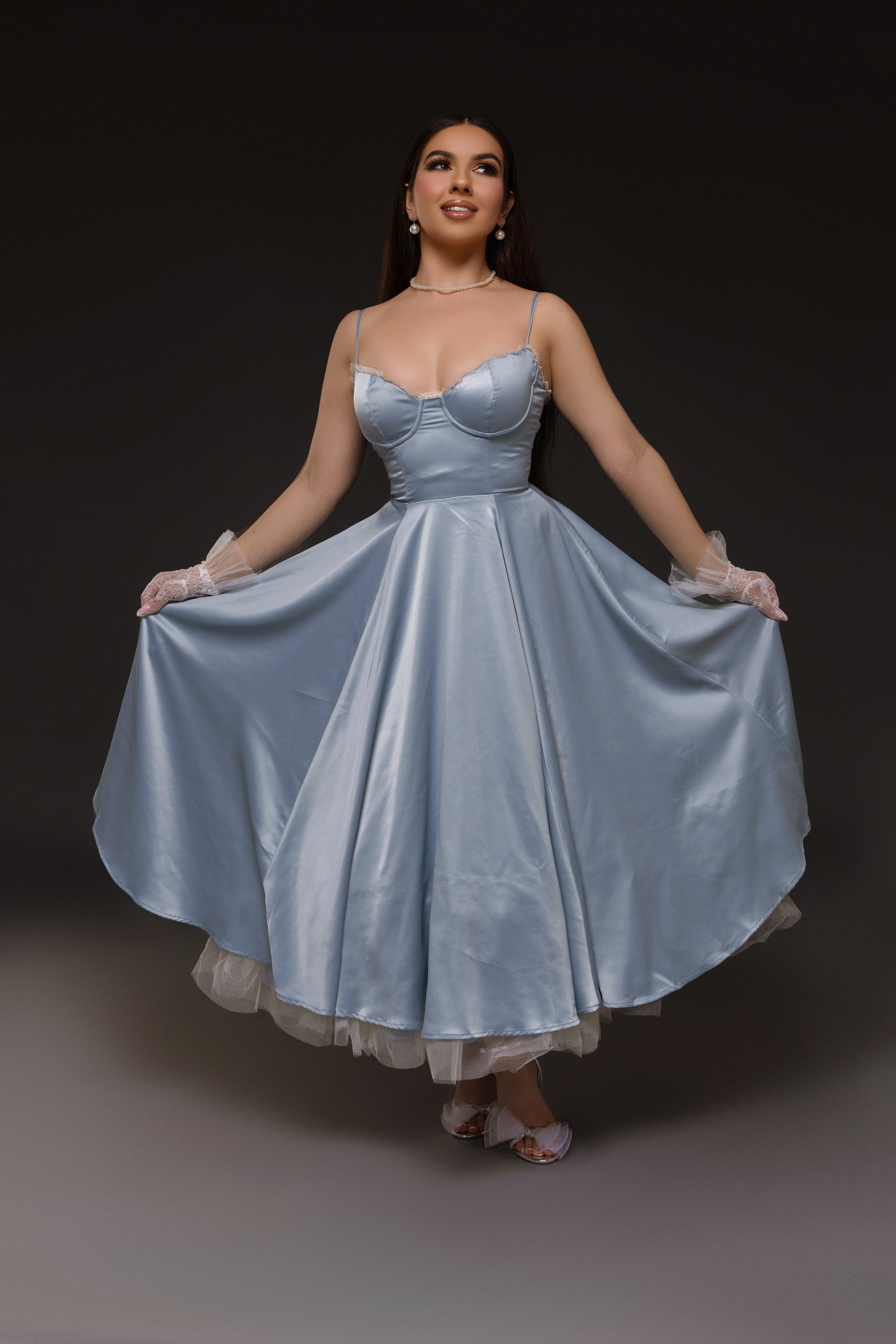 satin tulle midi dress SATIN + TULLE MIDI DRESS