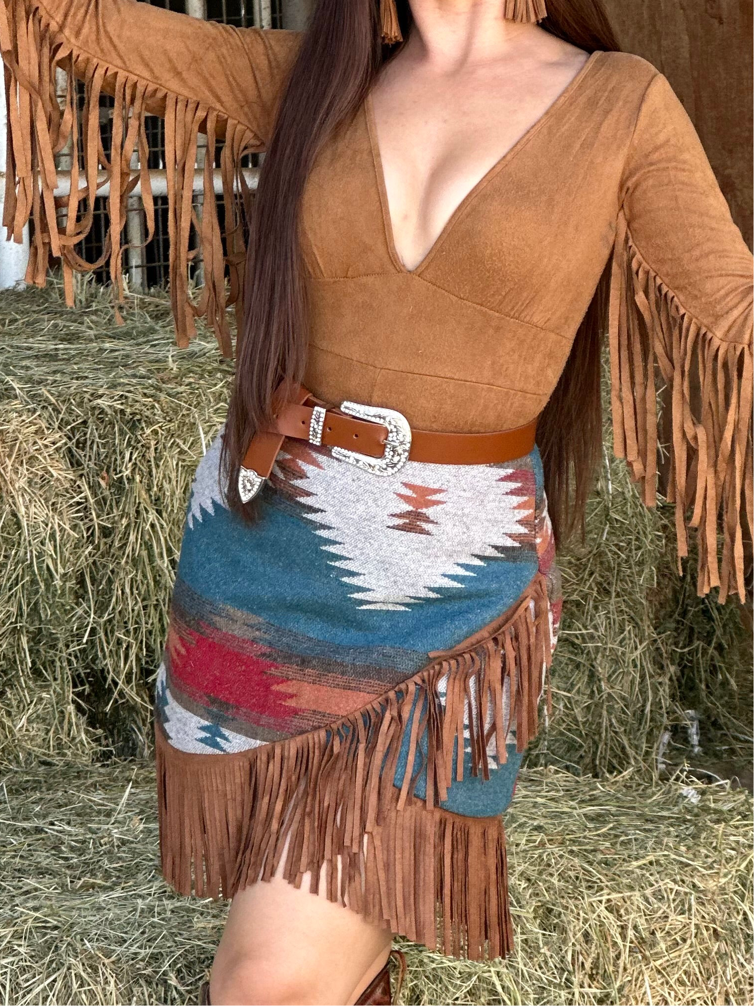 Serape Aztec Fringe Mini Skirt