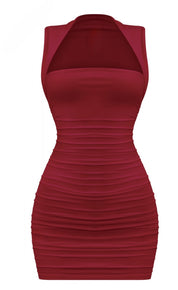 Naylea Ruched Square Neck Mini Dress (Burgundy)