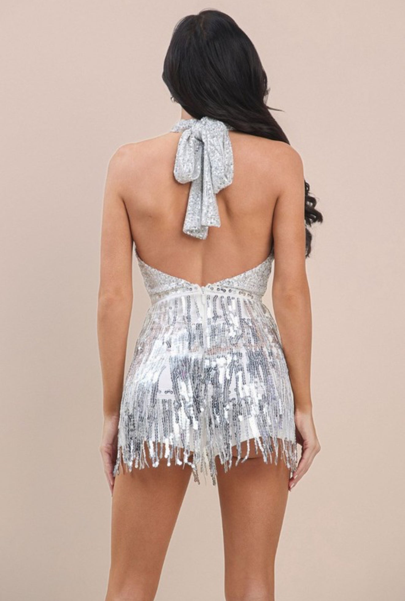 Marcello Sequin Fringe Criss Cross Romper (Silver)