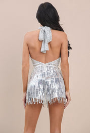 Marcello Sequin Fringe Criss Cross Romper (Silver)