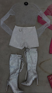 The It Girl Rhinestone Belted Shorts (White)