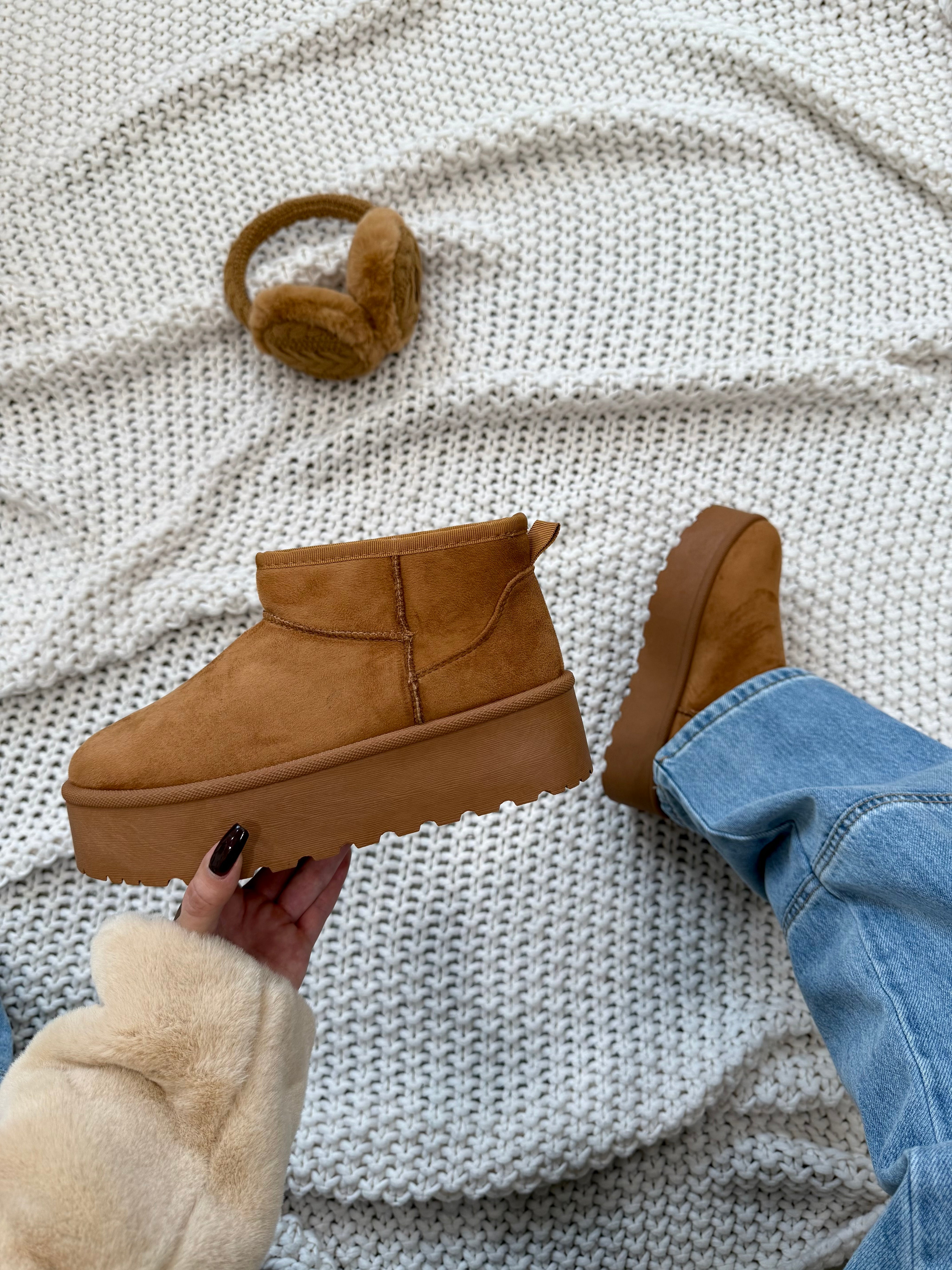 Cozy SZN Suede Platform Booties (Camel)