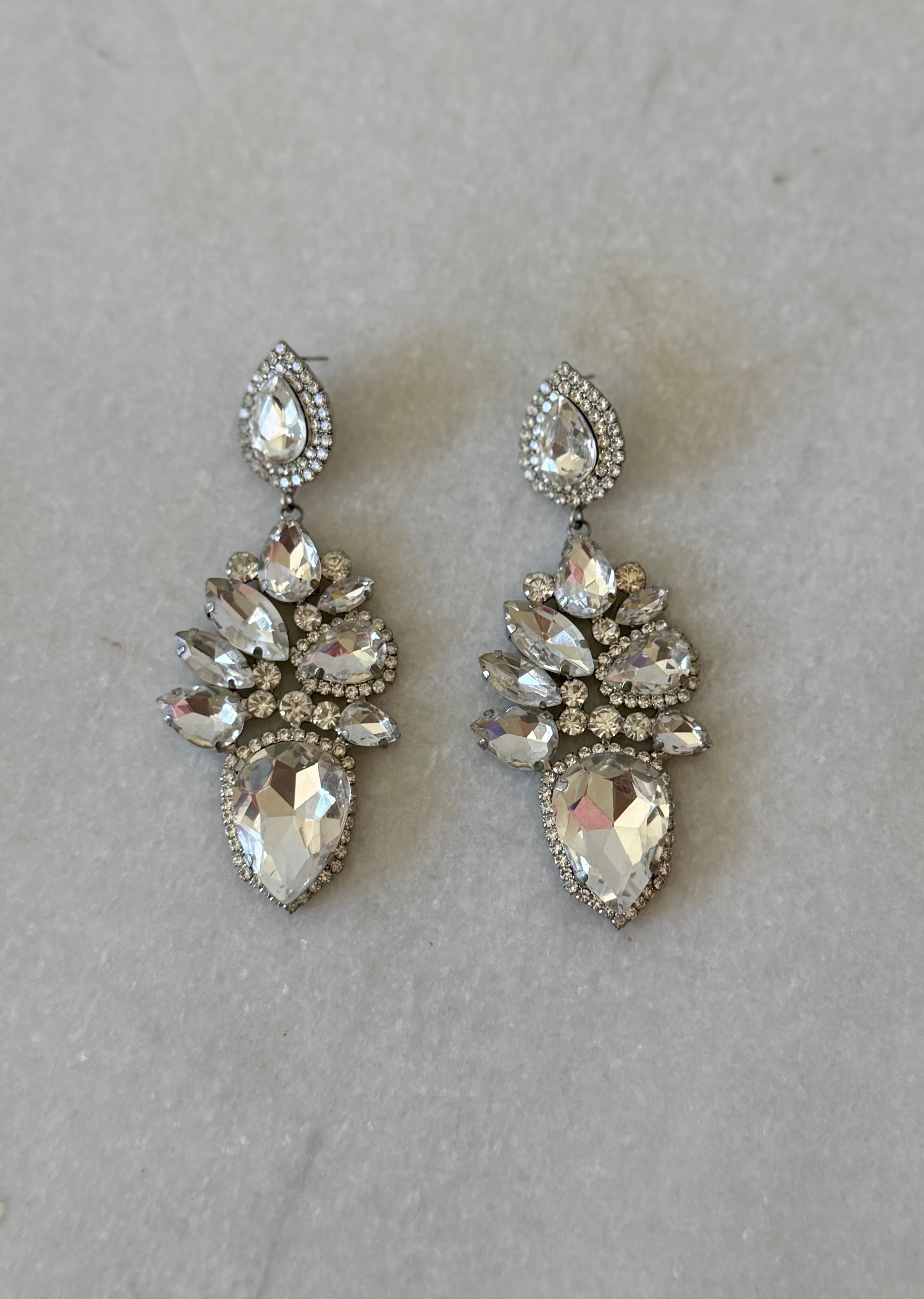 Teardrop Jewel Dangle Earrings (Silver)