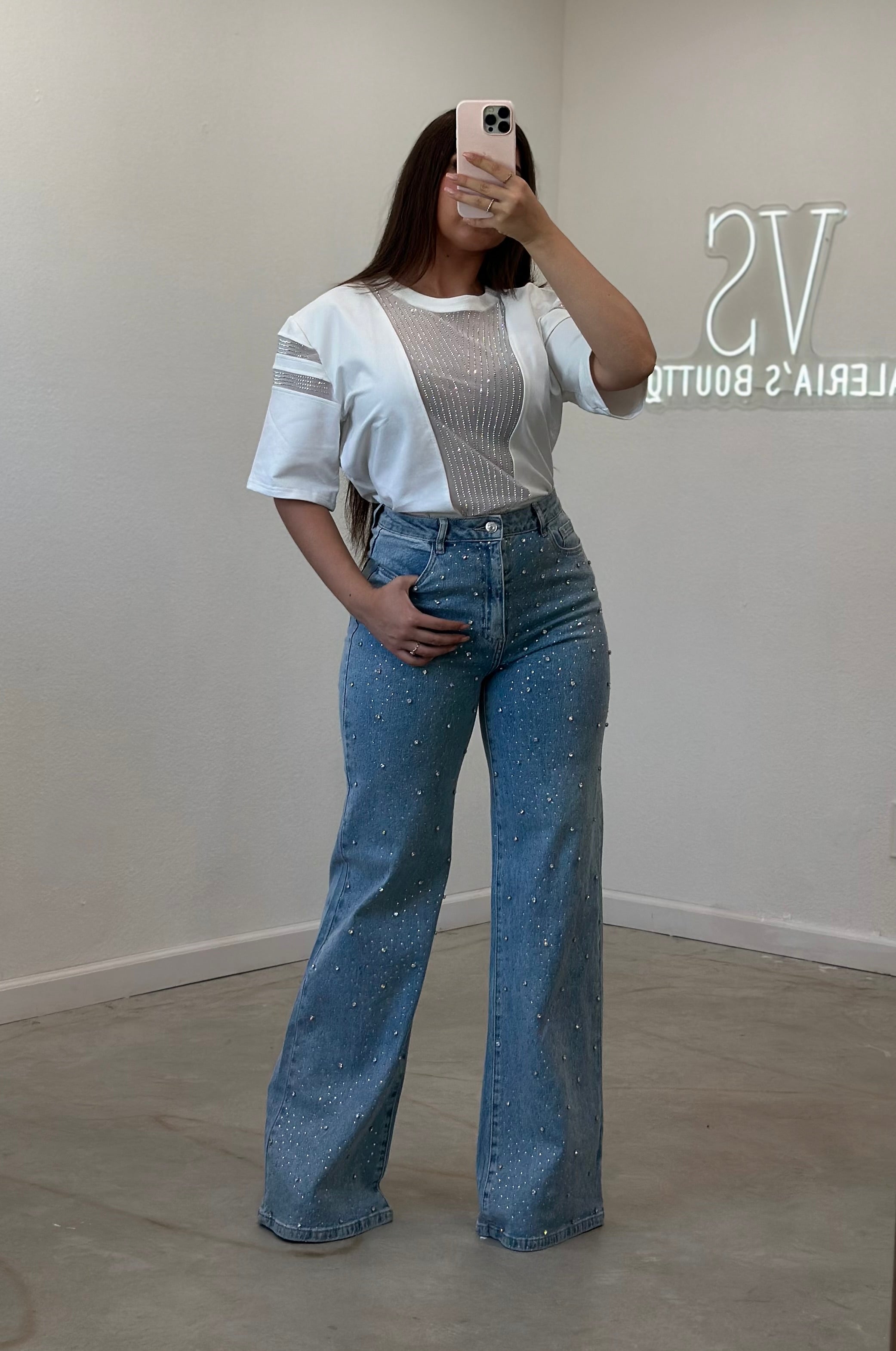 Jersey Rhinestone Crop Top (White)