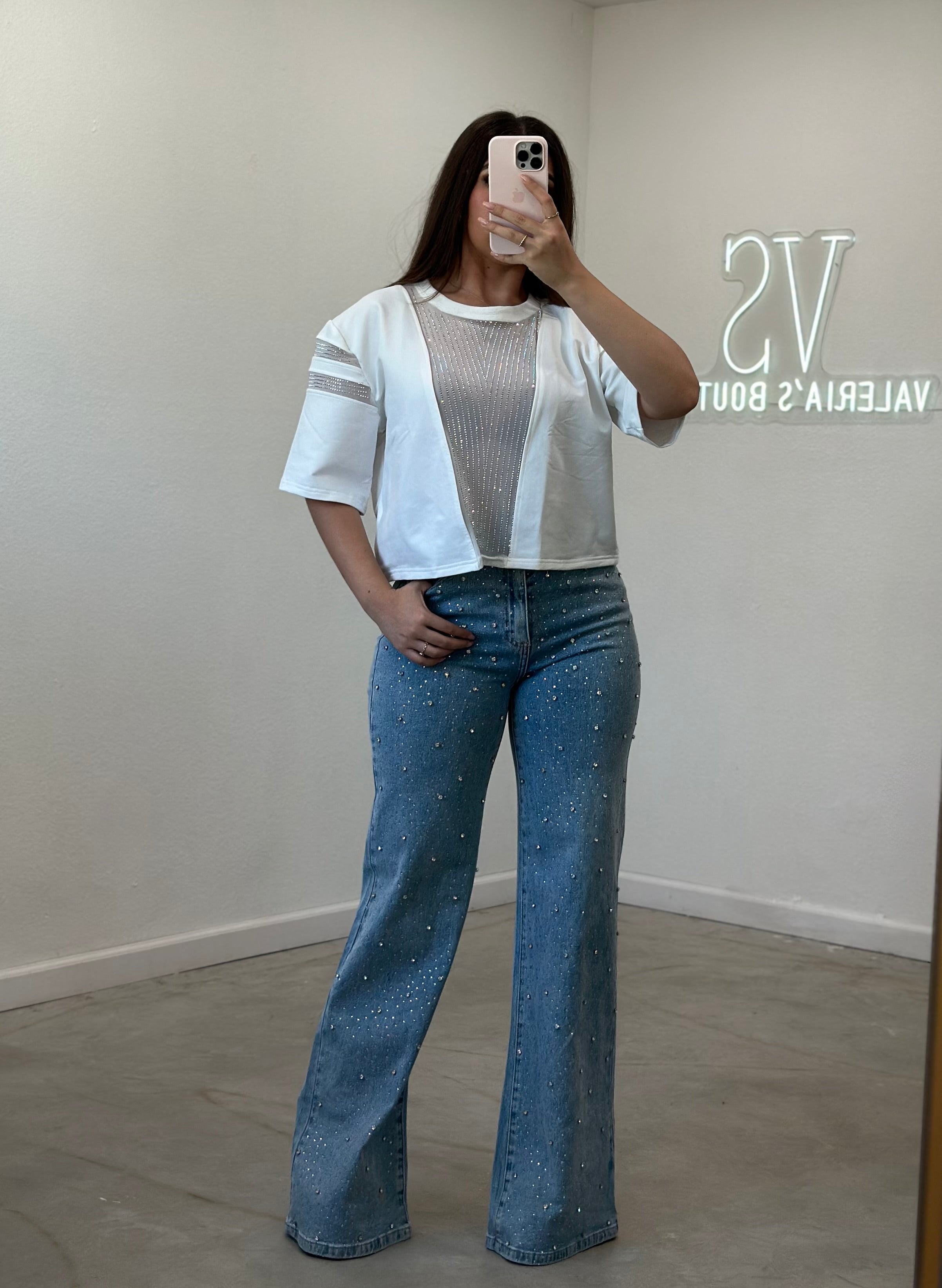 Jersey Rhinestone Crop Top (White)