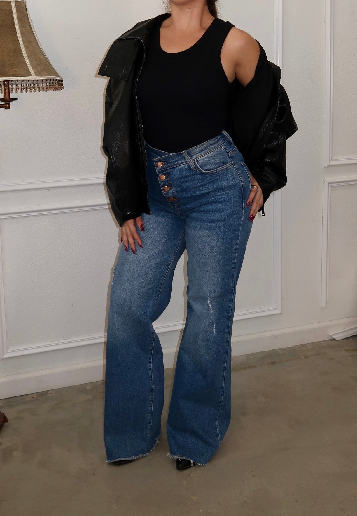 Ethan Button High Rise Wide Leg Jeans