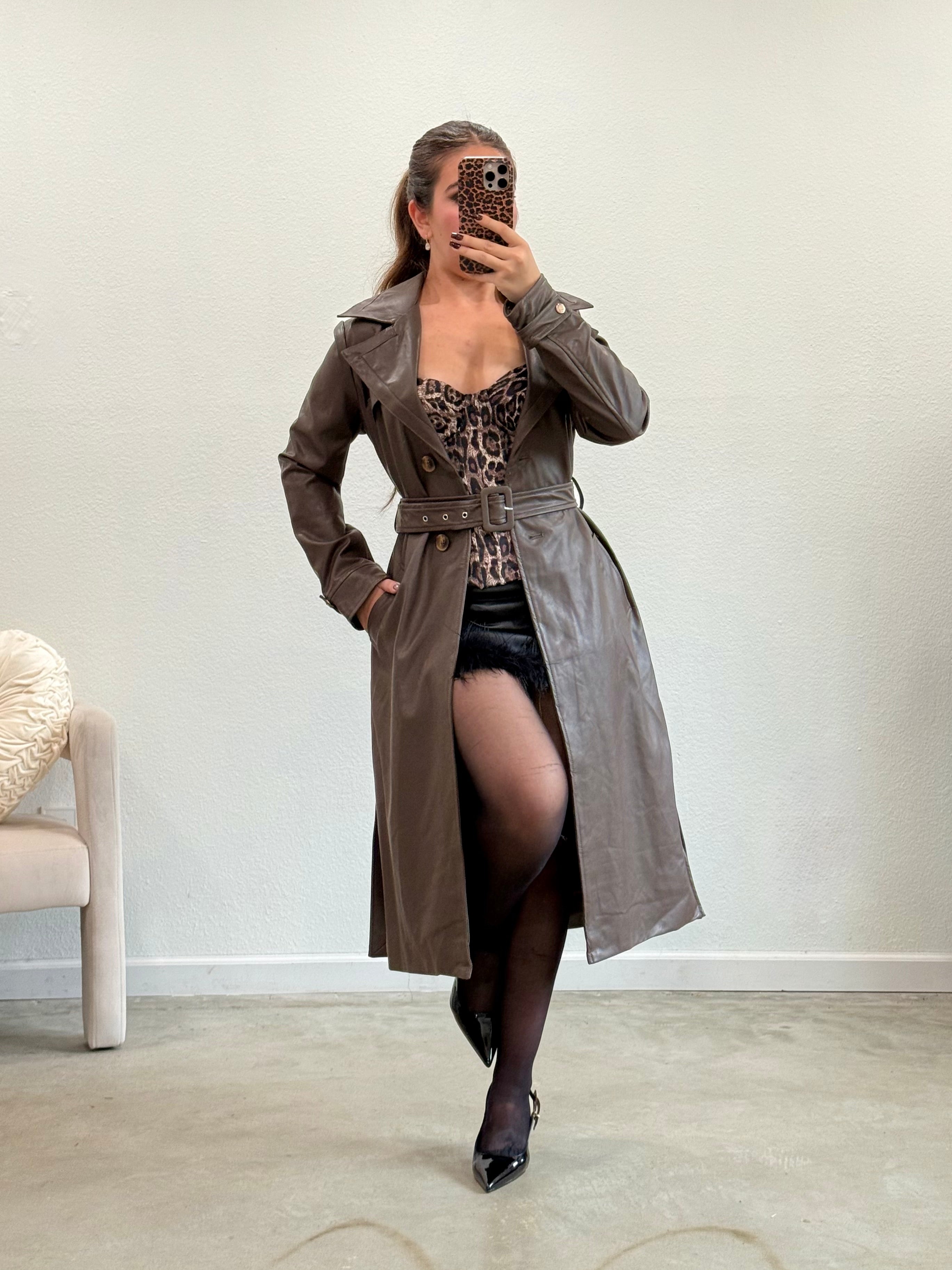 Empire Leather Trench Coat (Brown)