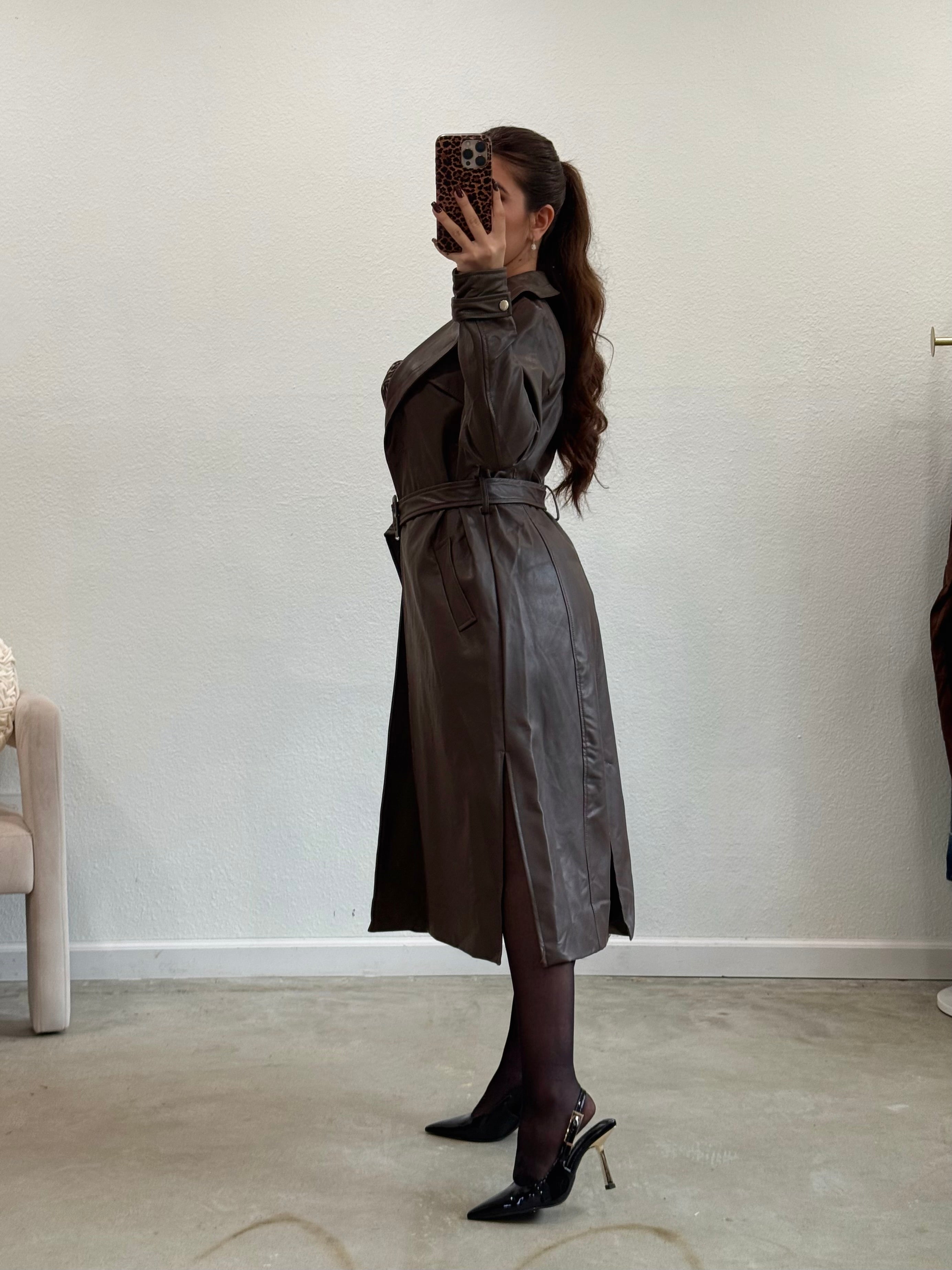 Empire Leather Trench Coat (Brown)