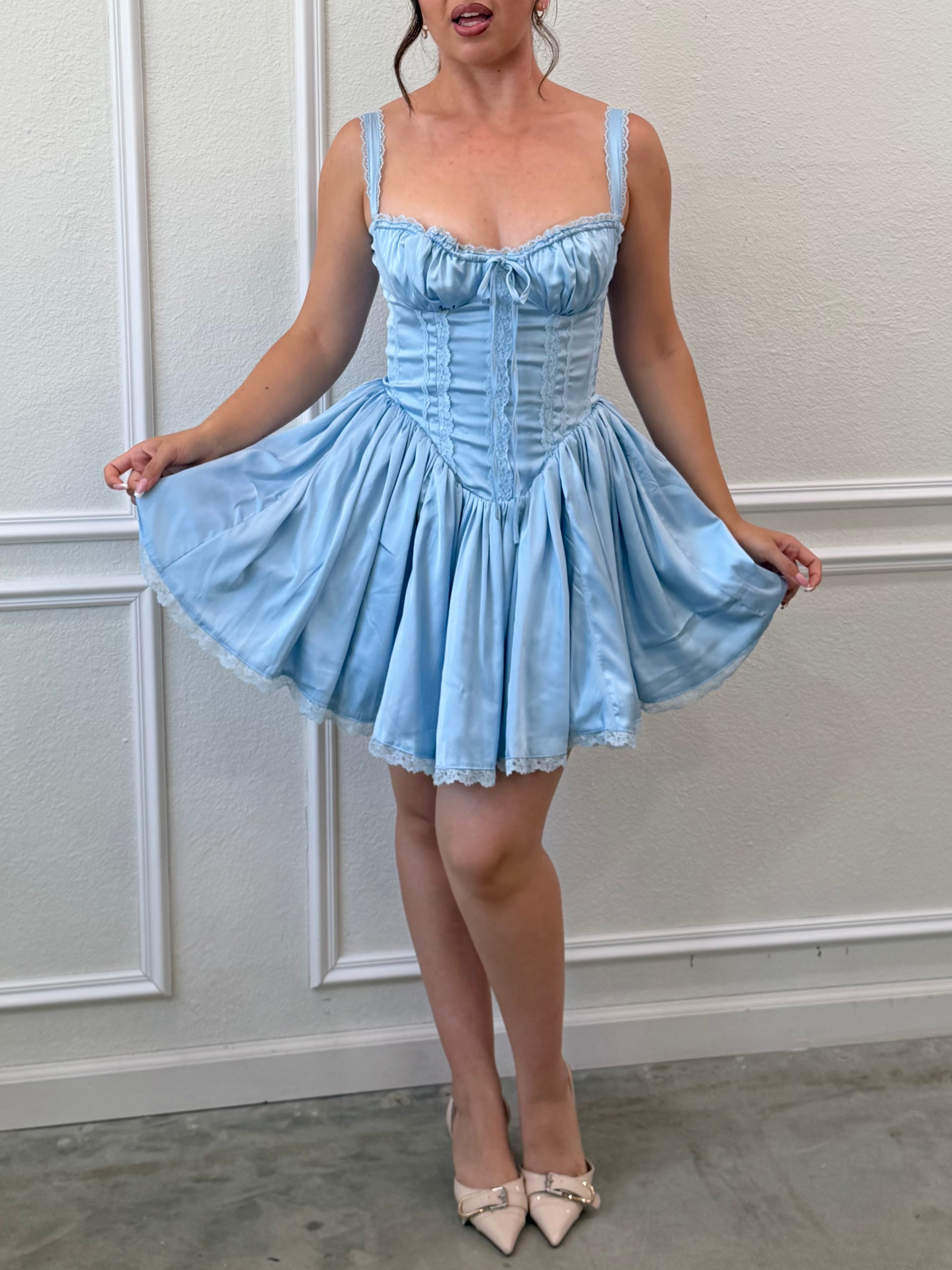 Daphne Satin Corset Mini Dress (Blue)