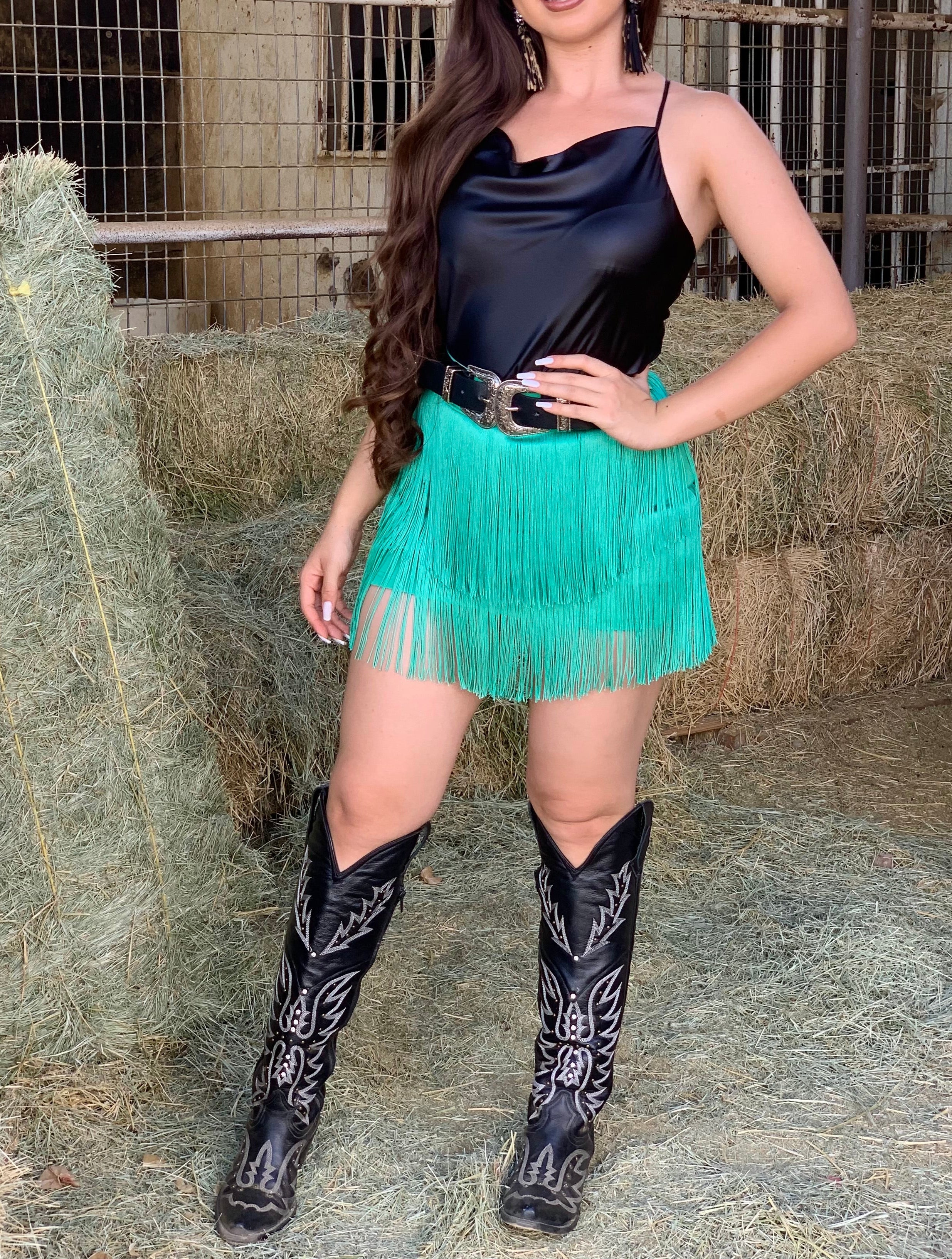 Rebeca Fringe Mini Skirt (Green)